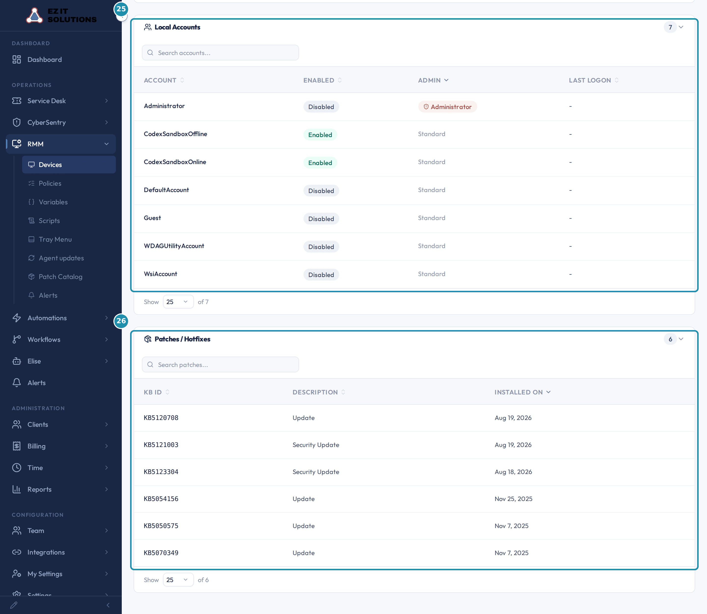 The Local Accounts table and the Patches slash Hotfixes table, each with a numbered badge around its search box, columns and rows.