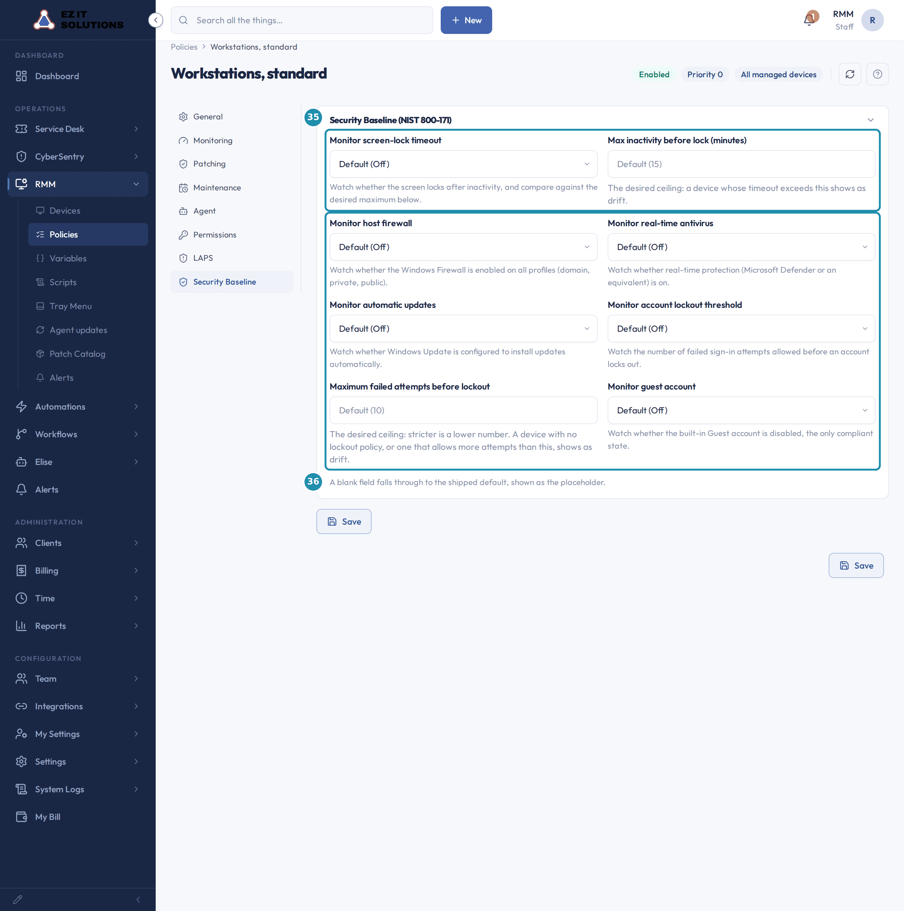 The Security Baseline page of a policy with numbered badges on the screen-lock pair of settings and on the remaining five controls.