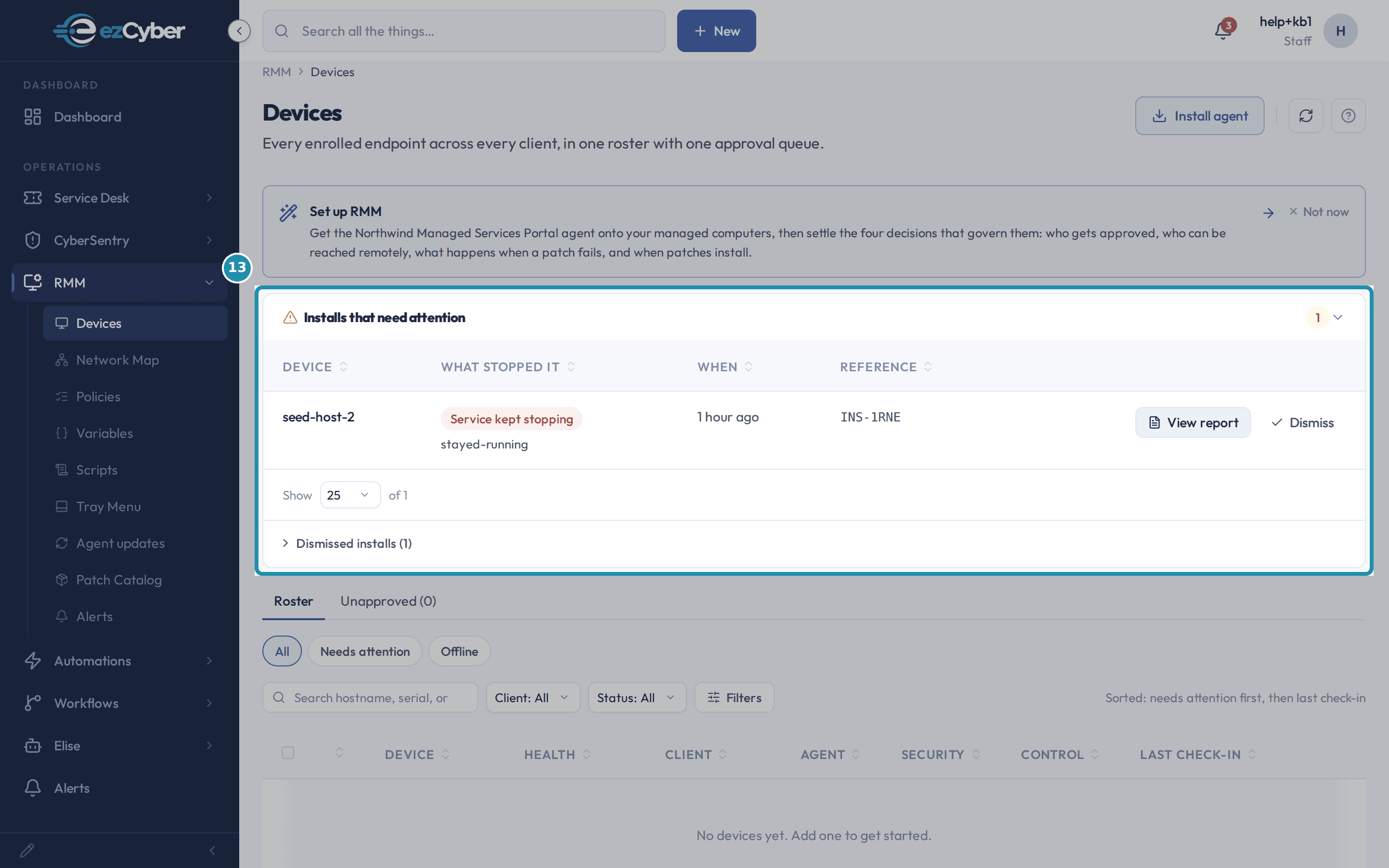 Installs that need attention showing one active row, seed-host-2, restored back from Dismissed installs, with its own Dismiss button and a Dismissed installs (1) summary underneath.