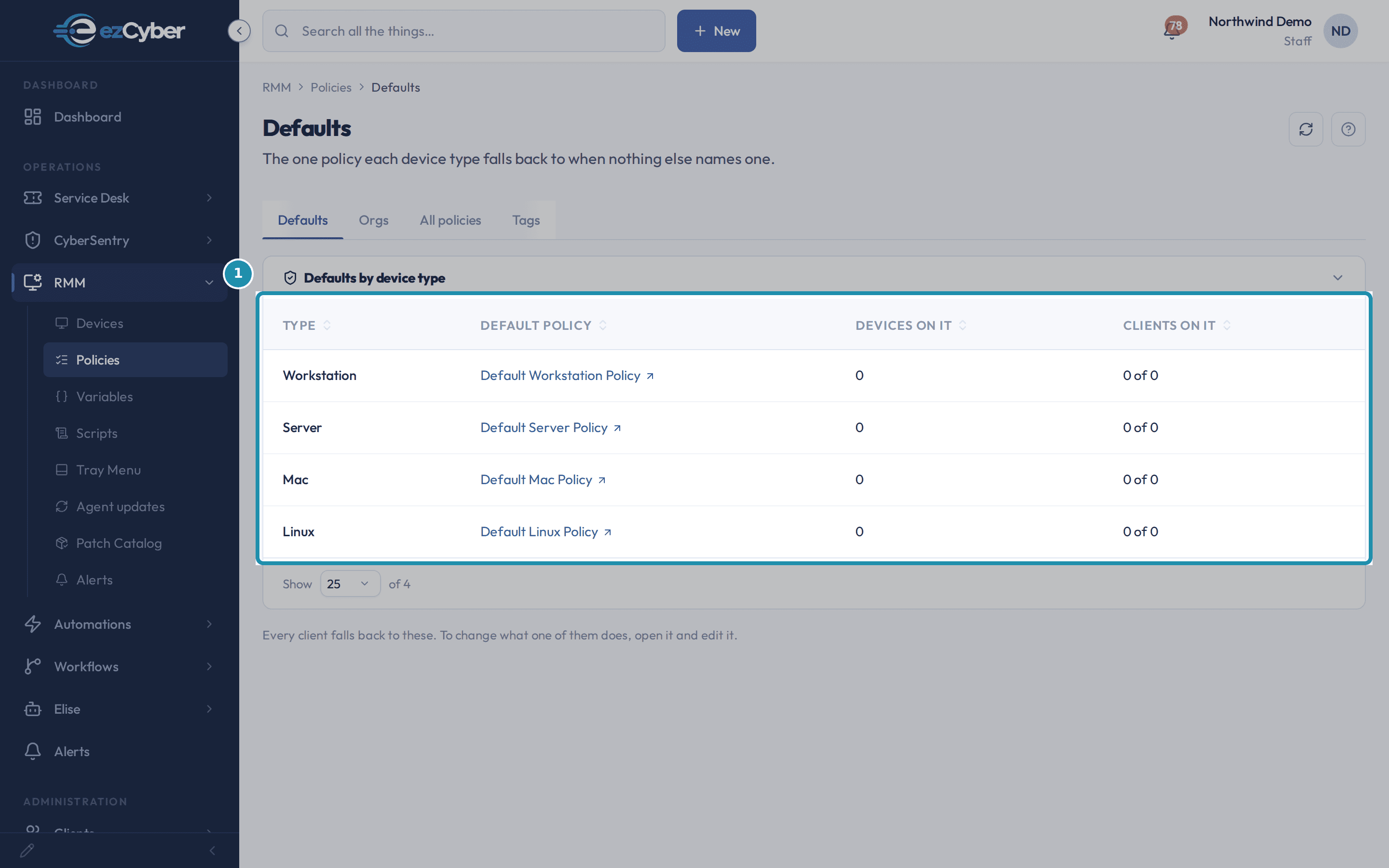 The RMM Policies Defaults tab, showing four rows (Workstation, Server, Mac, Linux) each linking to its own Default policy, with Devices on it and Clients on it both reading 0.