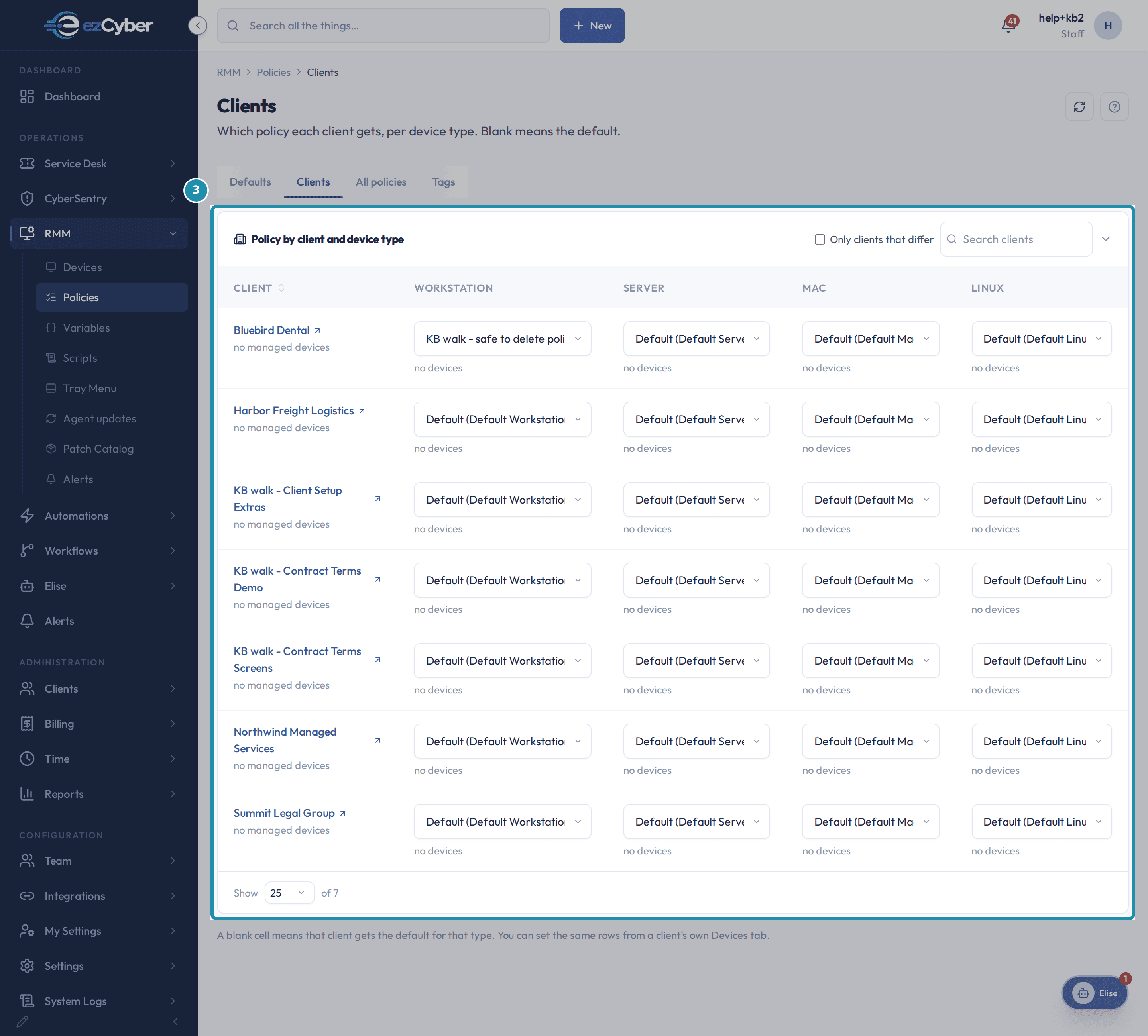 The Clients tab: a grid of clients (Bluebird Dental, Harbor Freight Logistics, three 'KB walk' fixture clients from other capture passes, Northwind Managed Services, Summit Legal Group) by four device types, every cell reading a Default policy name.
