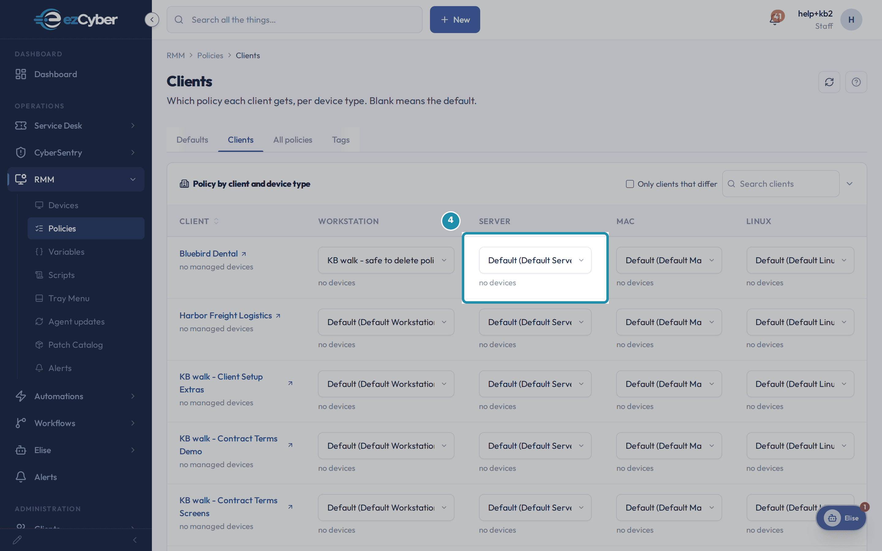 Bluebird Dental's Server cell on the Clients grid, reading 'Default (Default Server Policy)' with 'no devices' underneath, highlighted.