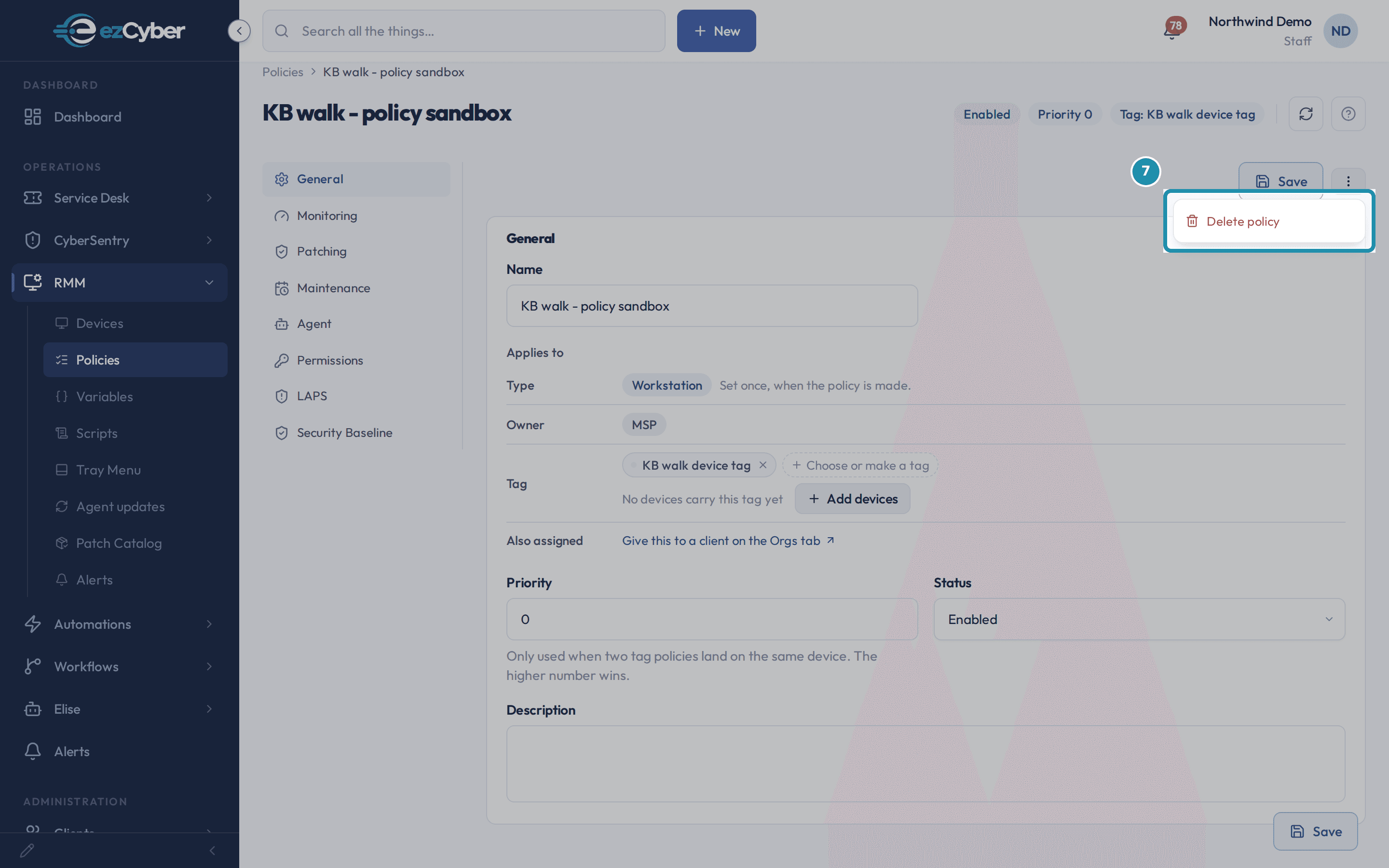 The General tab of KB walk - policy sandbox, with Name, Type, Owner, Tag, Also assigned, Priority and Status all visible, and the opened Actions menu showing Delete policy.