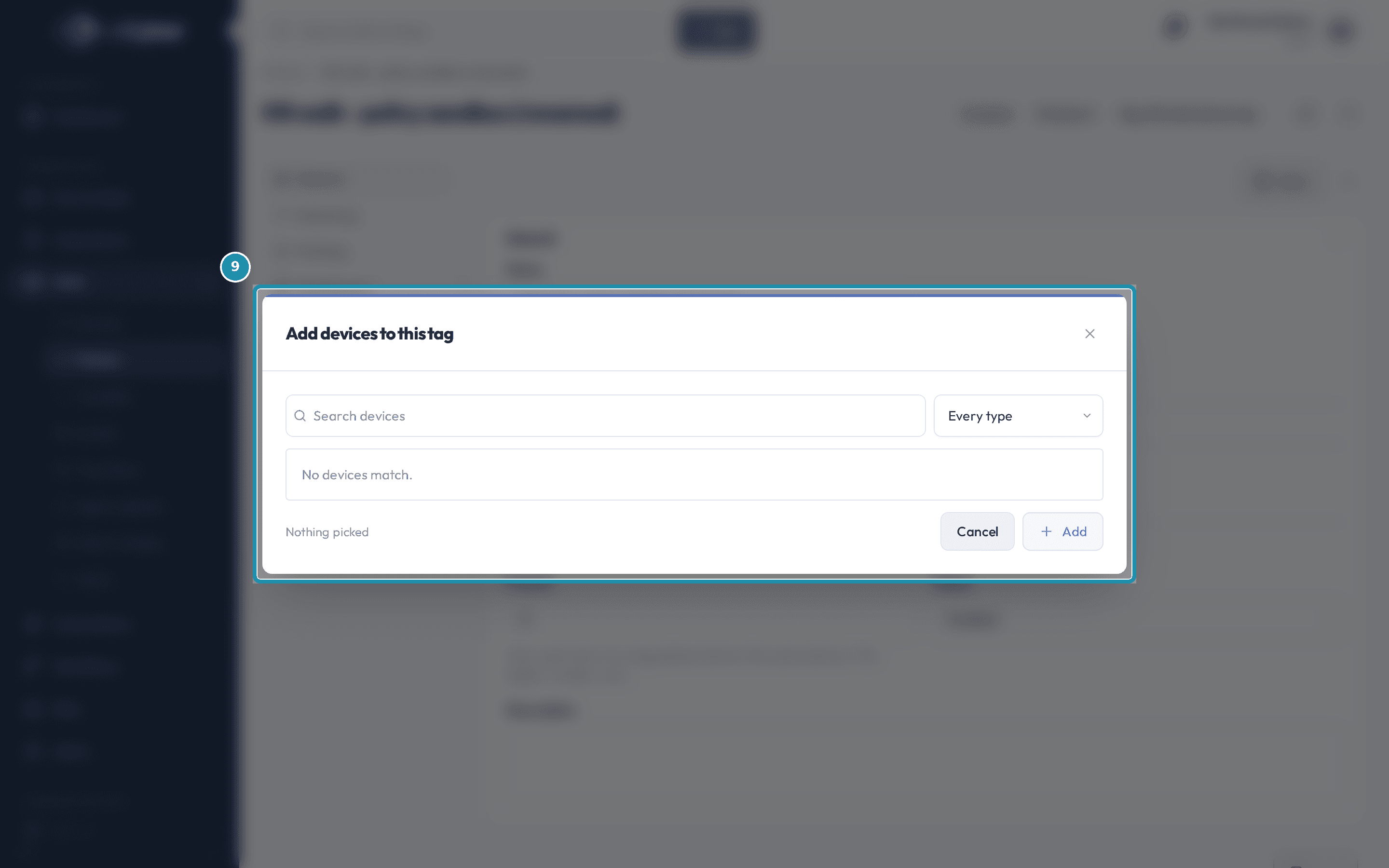 The 'Add devices to this tag' dialog, open, with a search box, a type filter, and the message 'No devices match.'