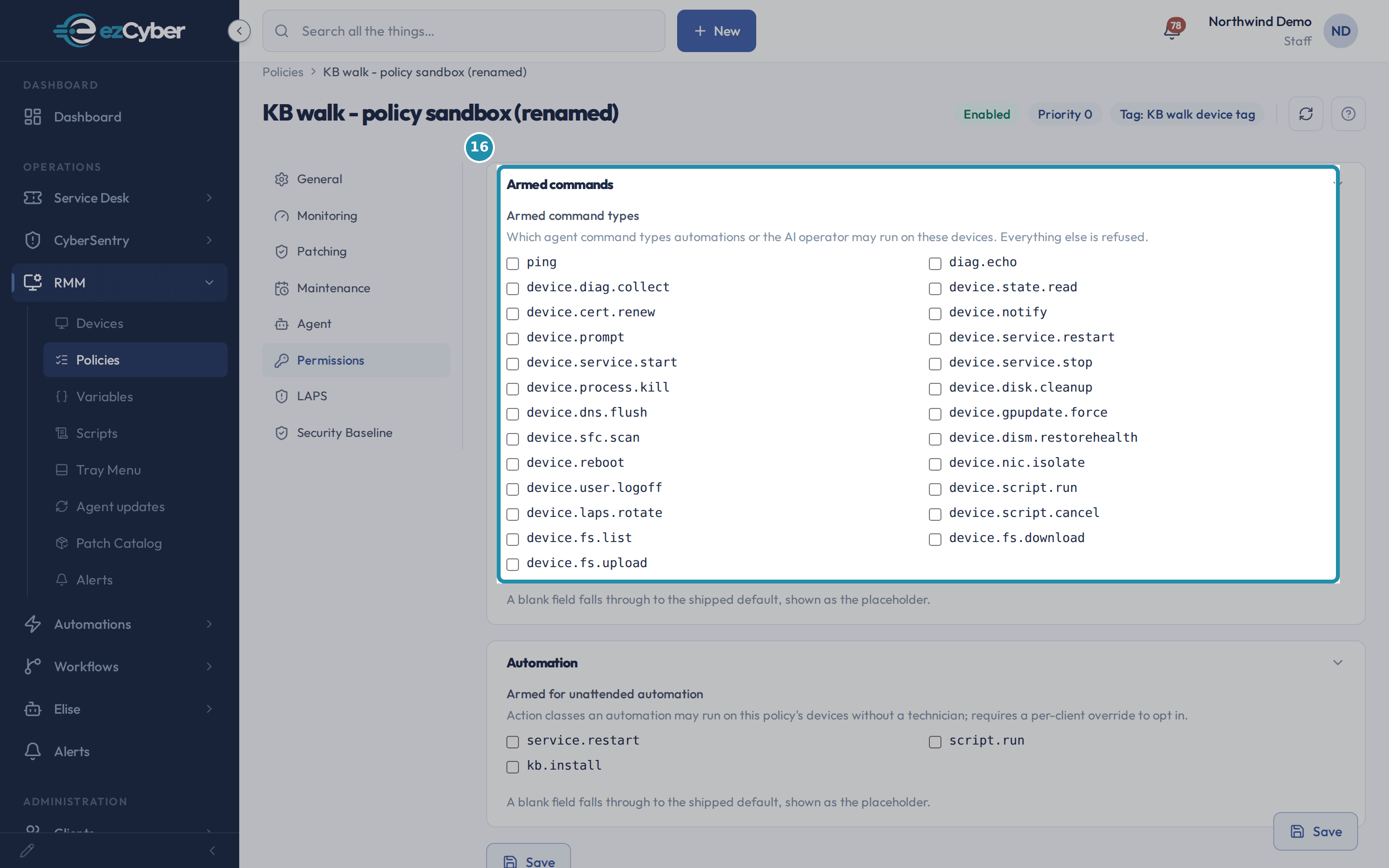 The Permissions tab's Armed commands card, listing about two dozen command types (ping, device.reboot, device.script.run, device.fs.upload, and more) as unchecked boxes.