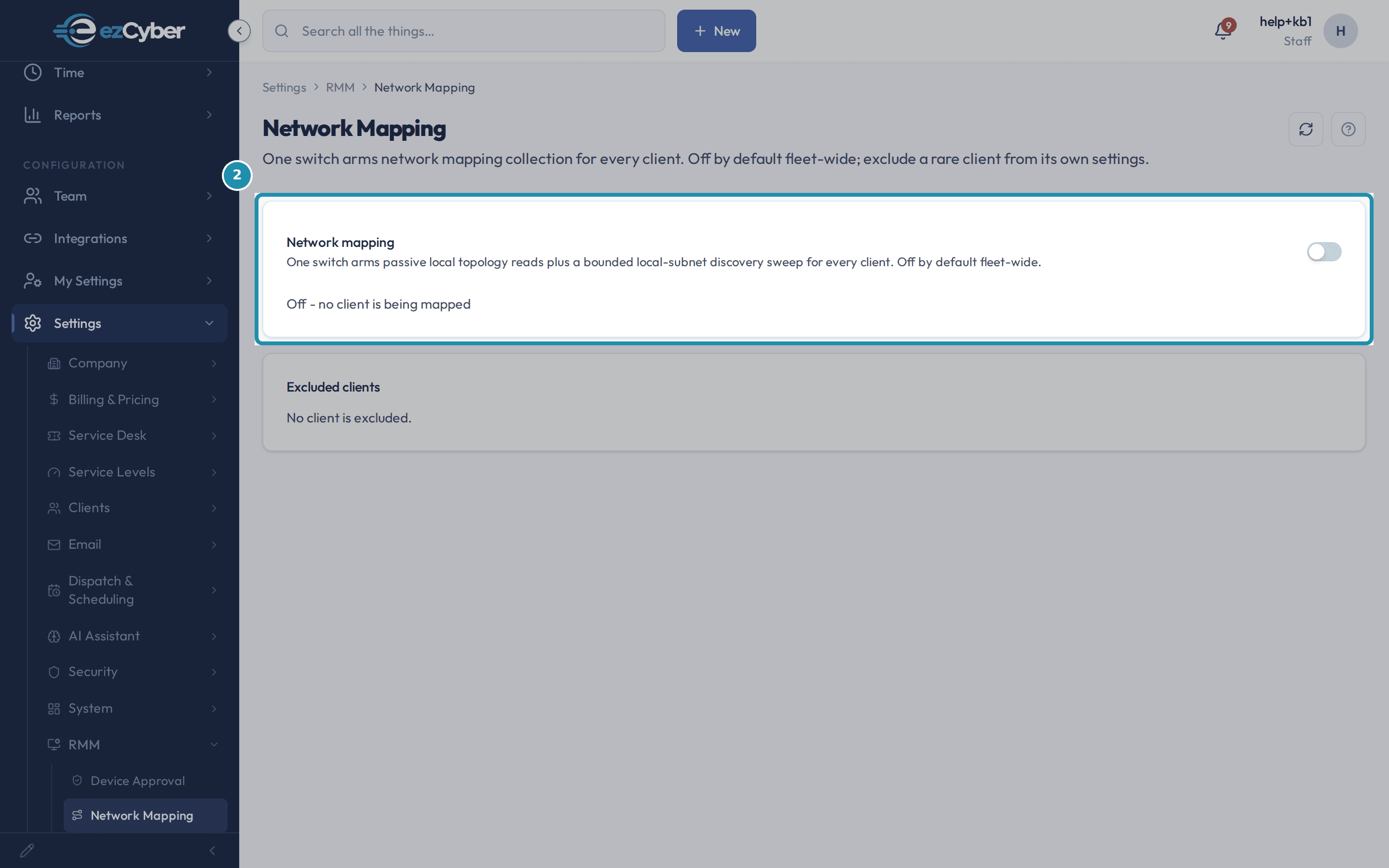 The Network Mapping panel in its starting state: the toggle off and the line 'Off - no client is being mapped' underneath the helper text.
