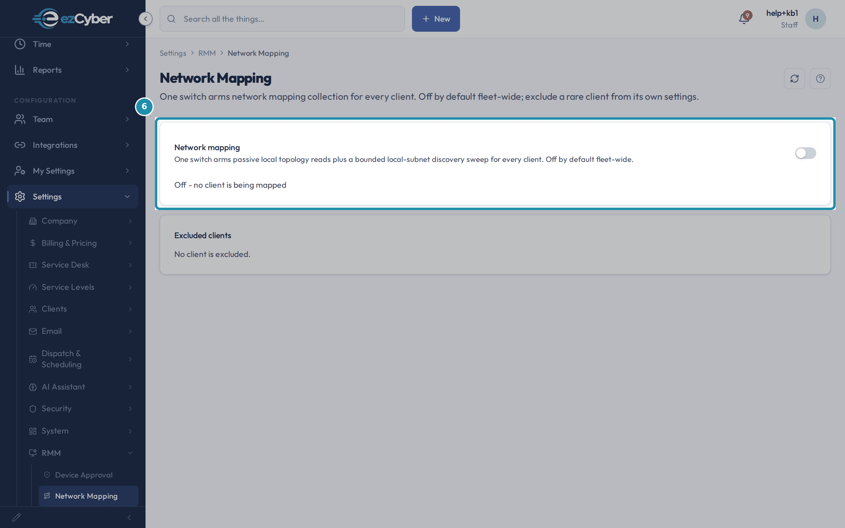 The Network Mapping panel back at its starting state: the toggle off and the line 'Off - no client is being mapped' restored.