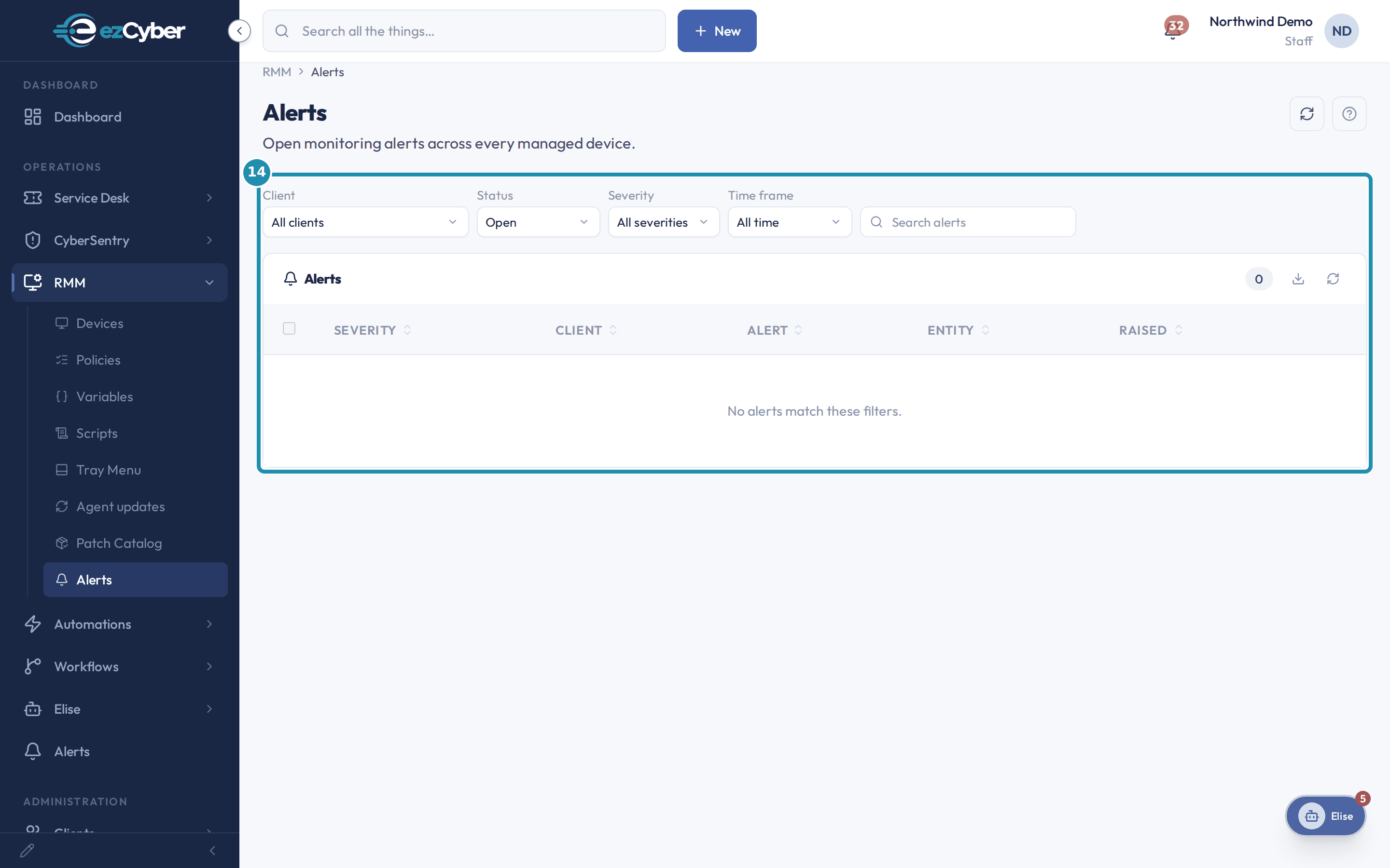 The RMM Alerts page with a numbered teal badge on its filter row and empty results table.