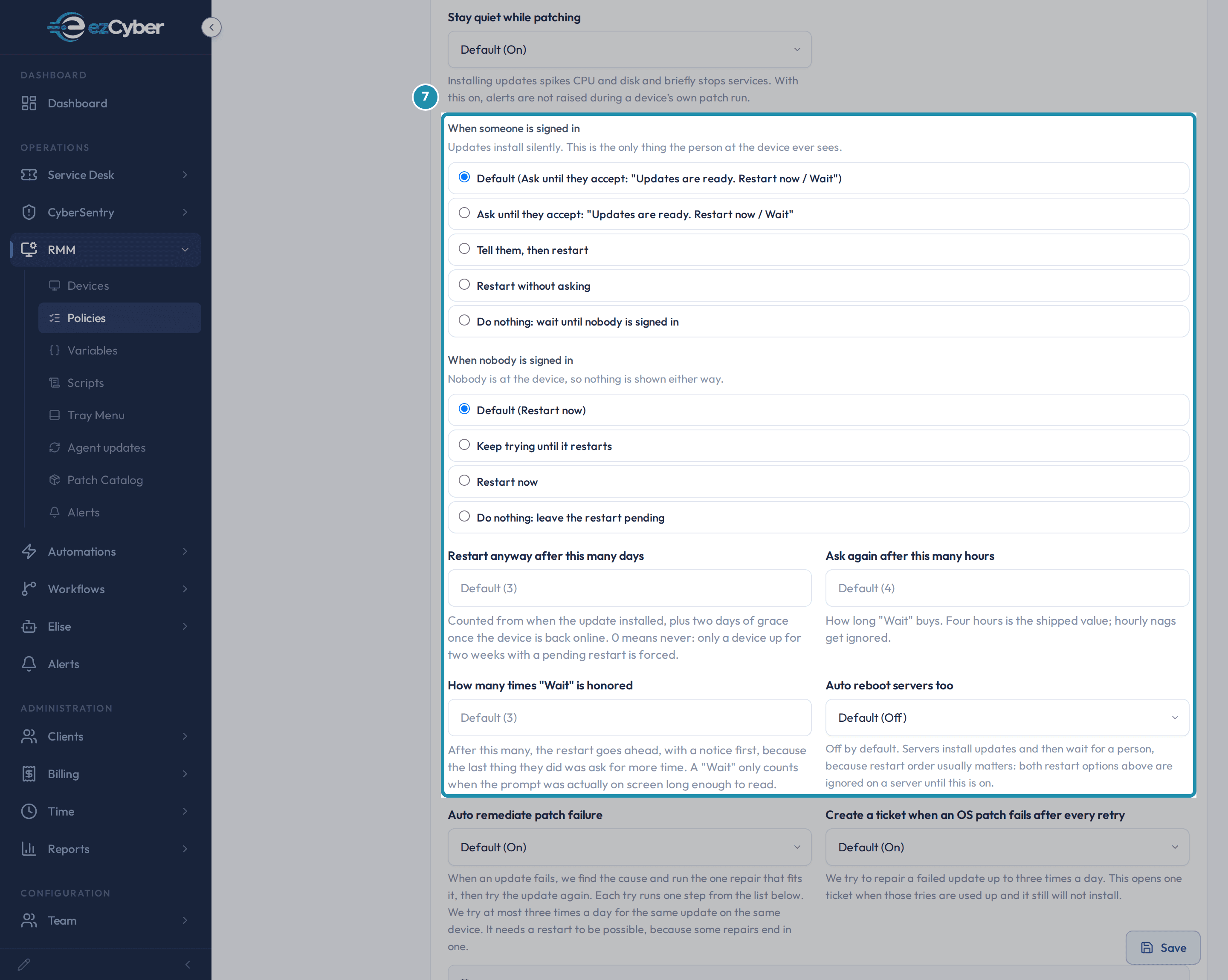 The Patching tab's restart block: When someone is signed in with five radio choices and the Ask-until-they-accept default selected, When nobody is signed in with Restart now selected, and the Restart anyway after this many days, Ask again after this many hours, How many times Wait is honored and Auto reboot servers too fields beneath.