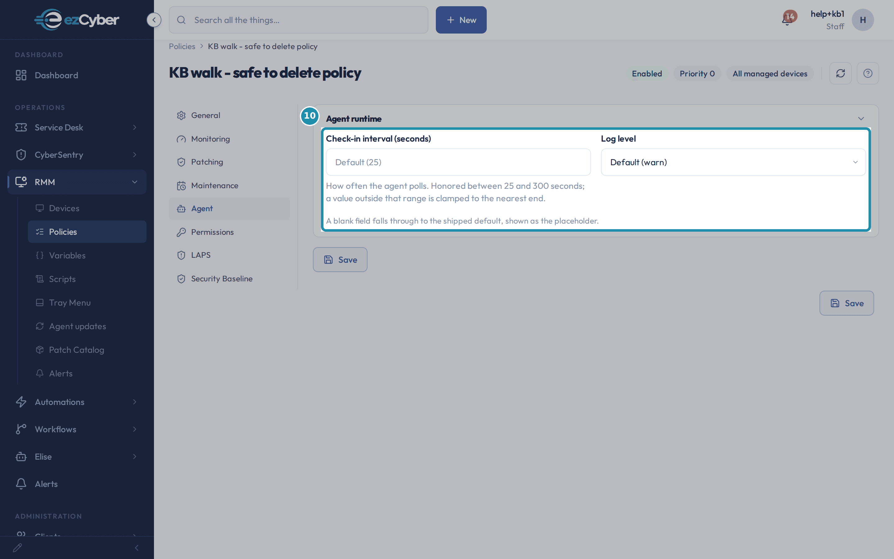 The Agent tab's two fields, Check-in interval (seconds) blank with its clamp hint and Log level reading Default (warn), above the line 'A blank field falls through to the shipped default, shown as the placeholder.'