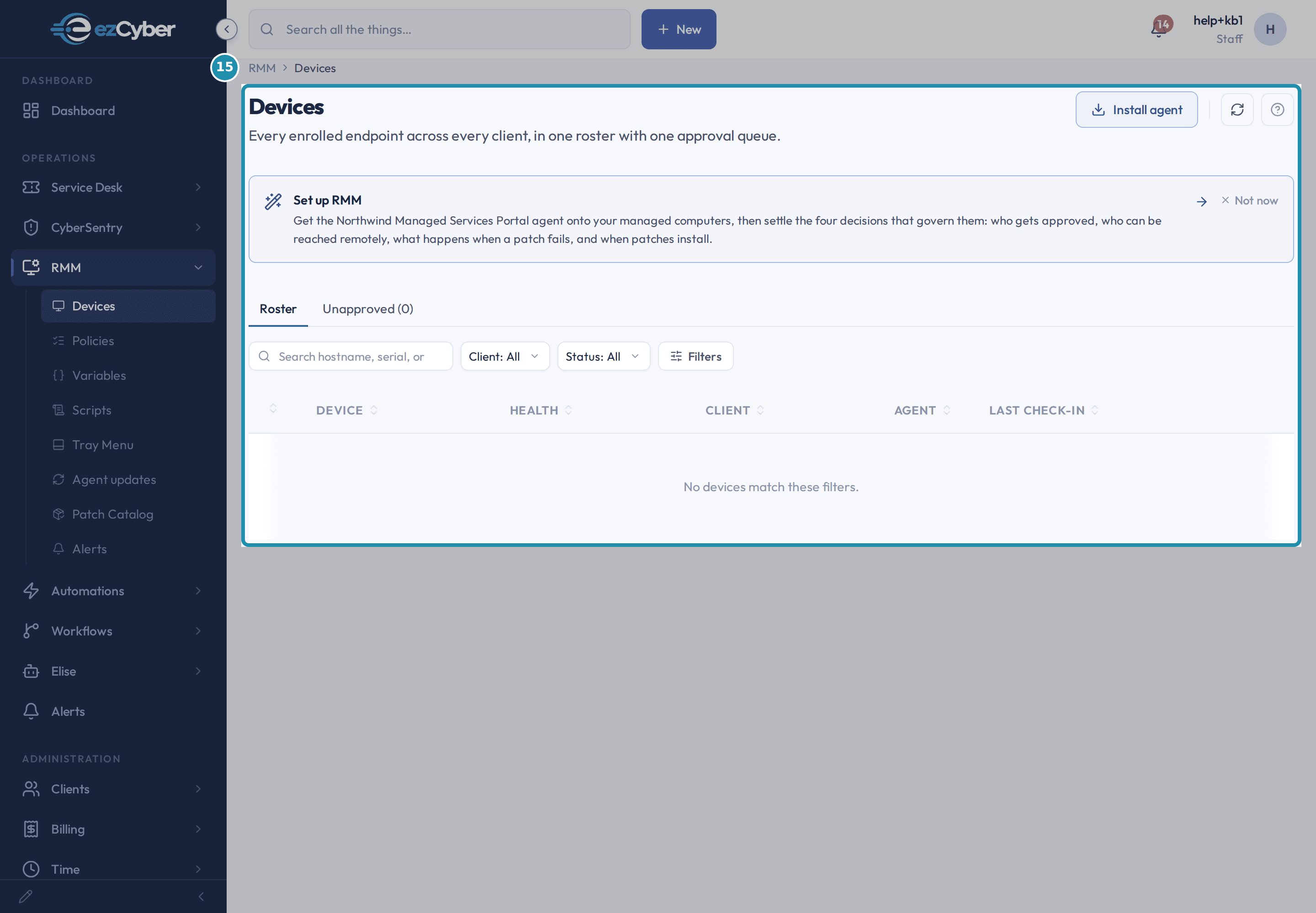 The Devices roster with an Install agent button, a Set up RMM card, the Roster and Unapproved (0) tabs, the filter bar, and an empty table reading 'No devices match these filters.'