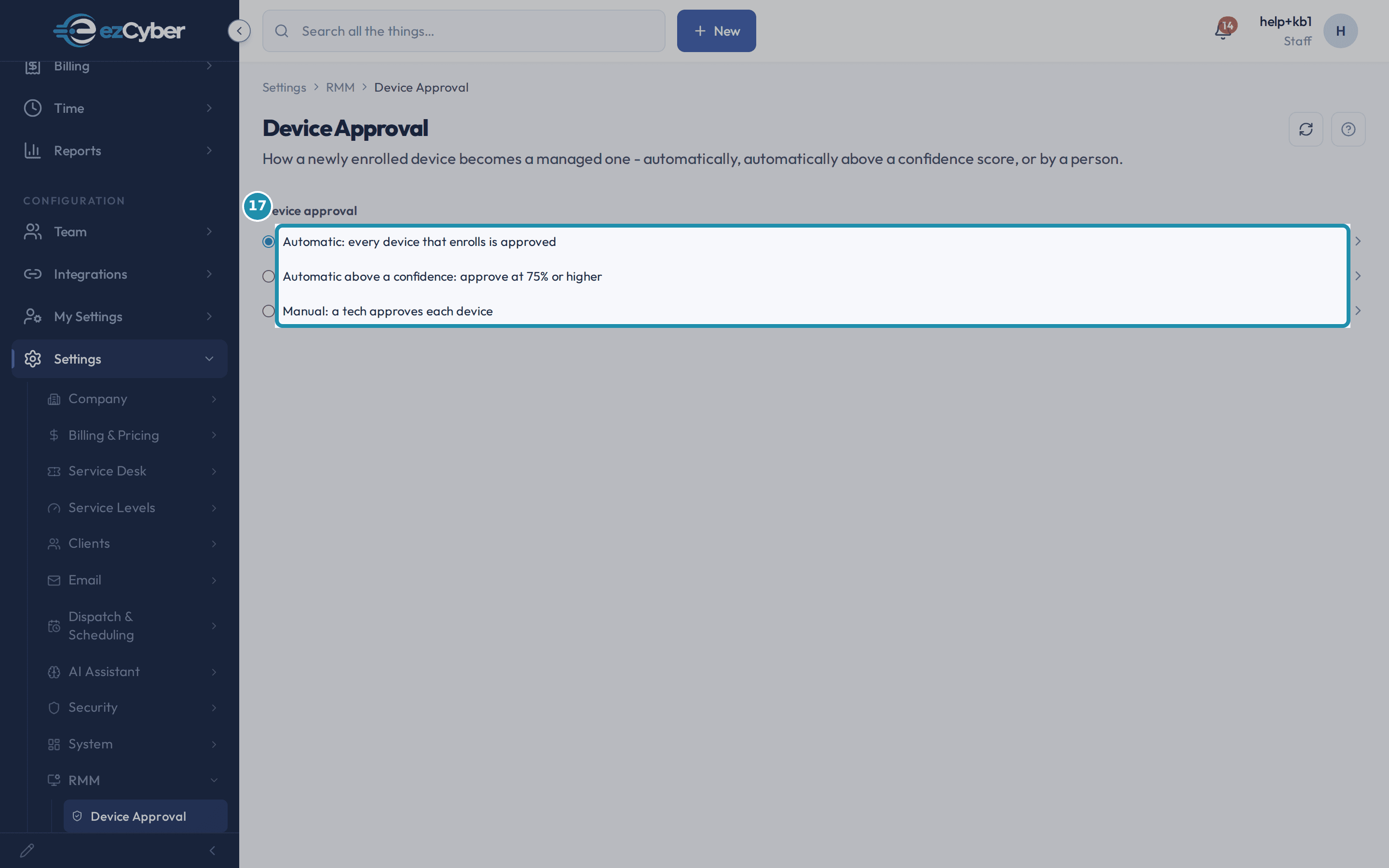 Settings > RMM > Device Approval with three rows, 'Automatic: every device that enrolls is approved' selected, above 'Automatic above a confidence: approve at 75% or higher' and 'Manual: a tech approves each device'.
