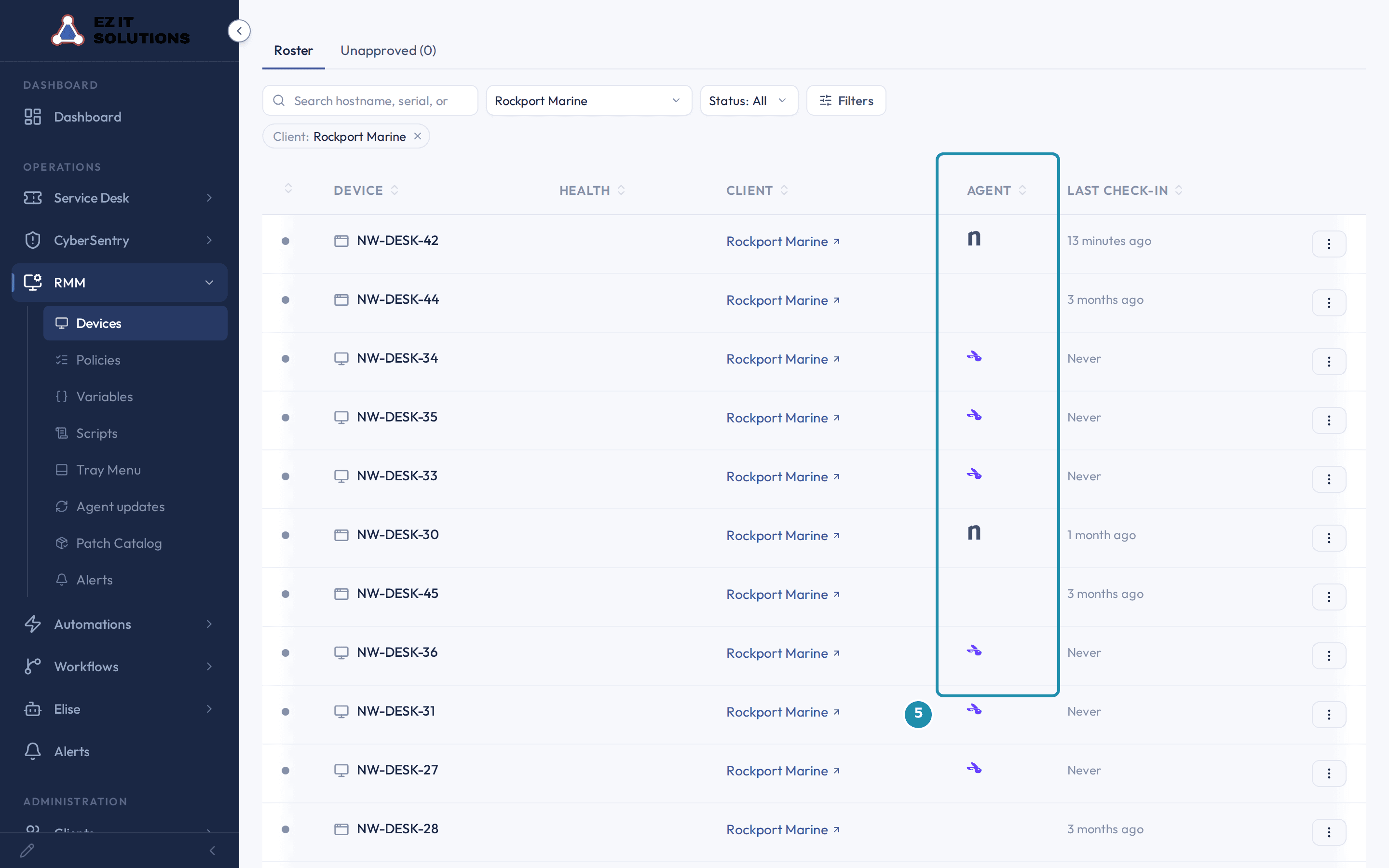 The Agent column for one client, with a numbered badge, showing vendor logos on some rows and blank cells on others.