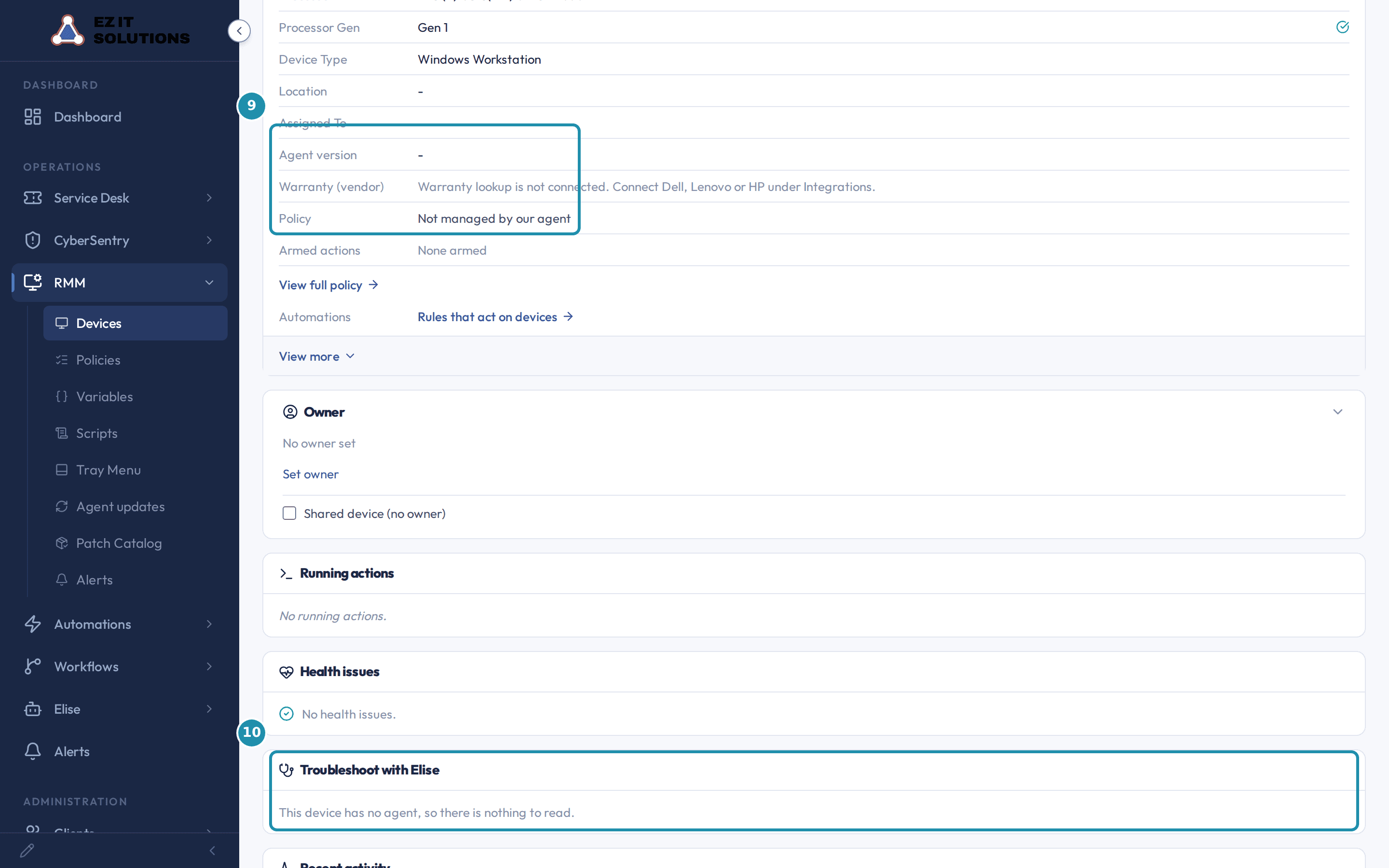 A device page with numbered badges on the Agent version and Policy rows and on the Troubleshoot with Elise card.