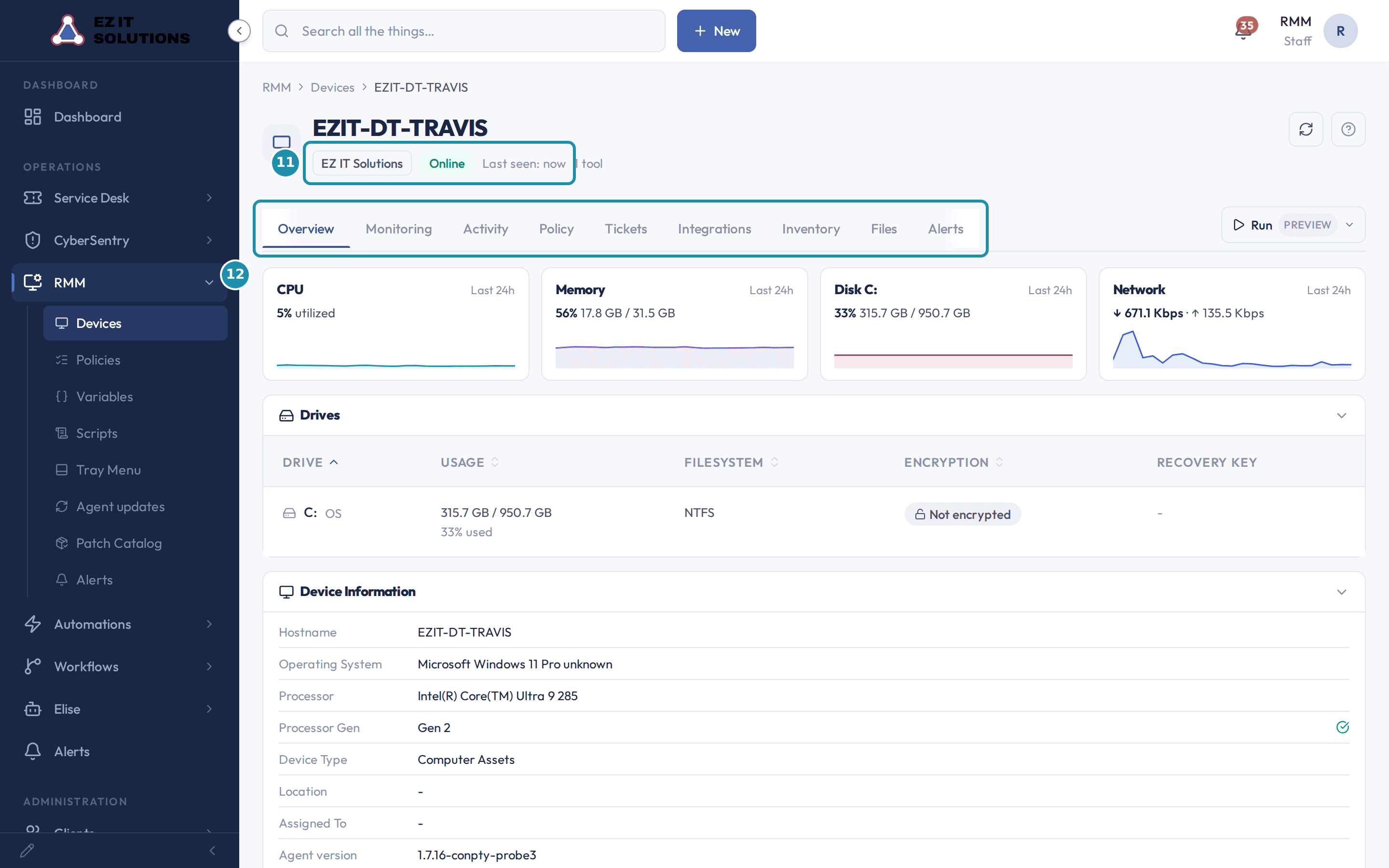 A device page header with numbered badges on the client, online state and last seen line, and on the row of nine tabs.