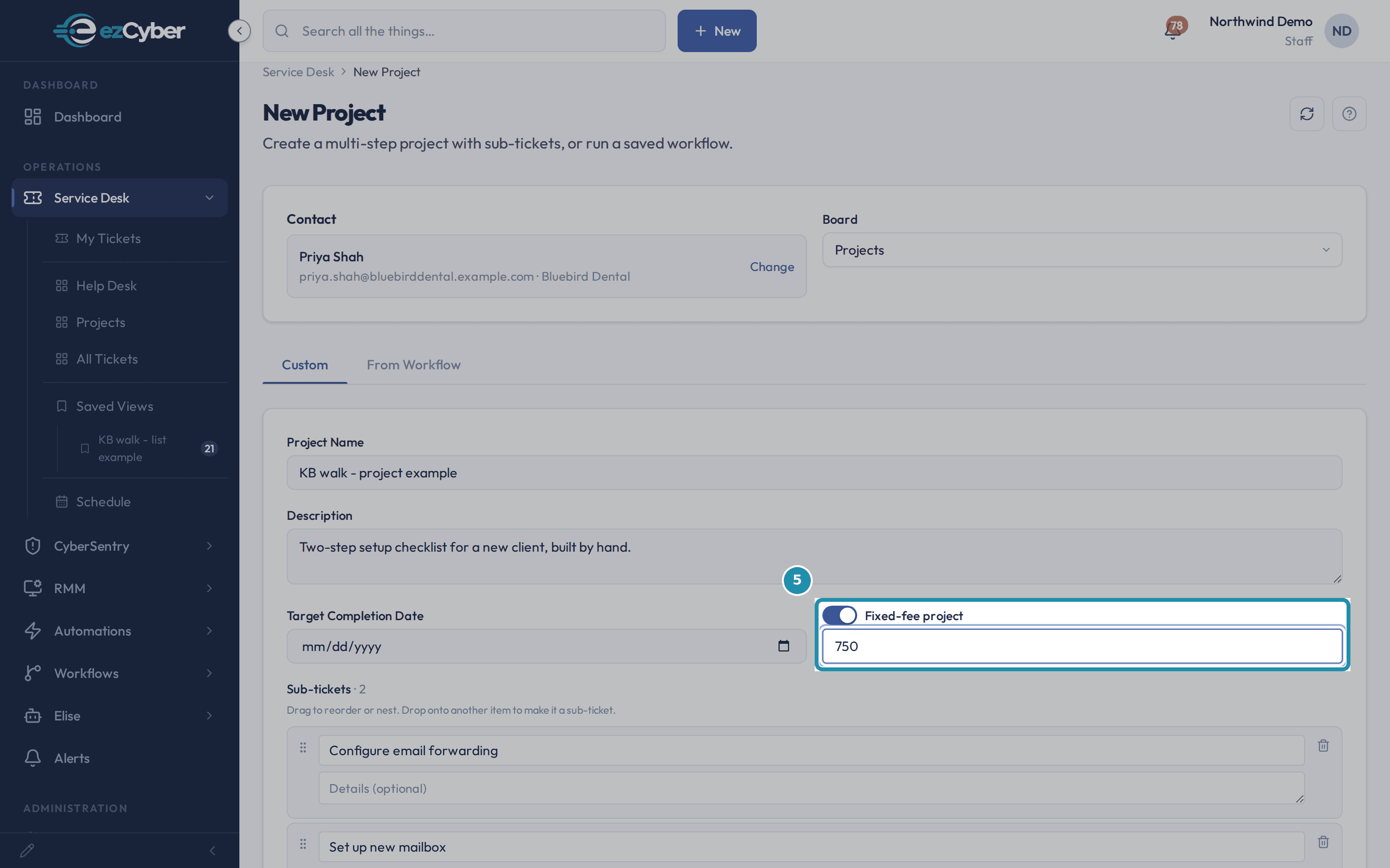 The Fixed-fee project switch turned on with a Contract amount of 750 typed in, boxed.
