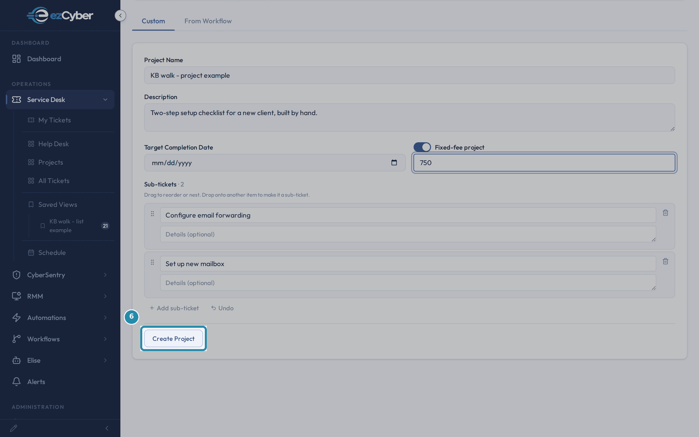 The Create Project button on New Project's Custom tab, boxed.