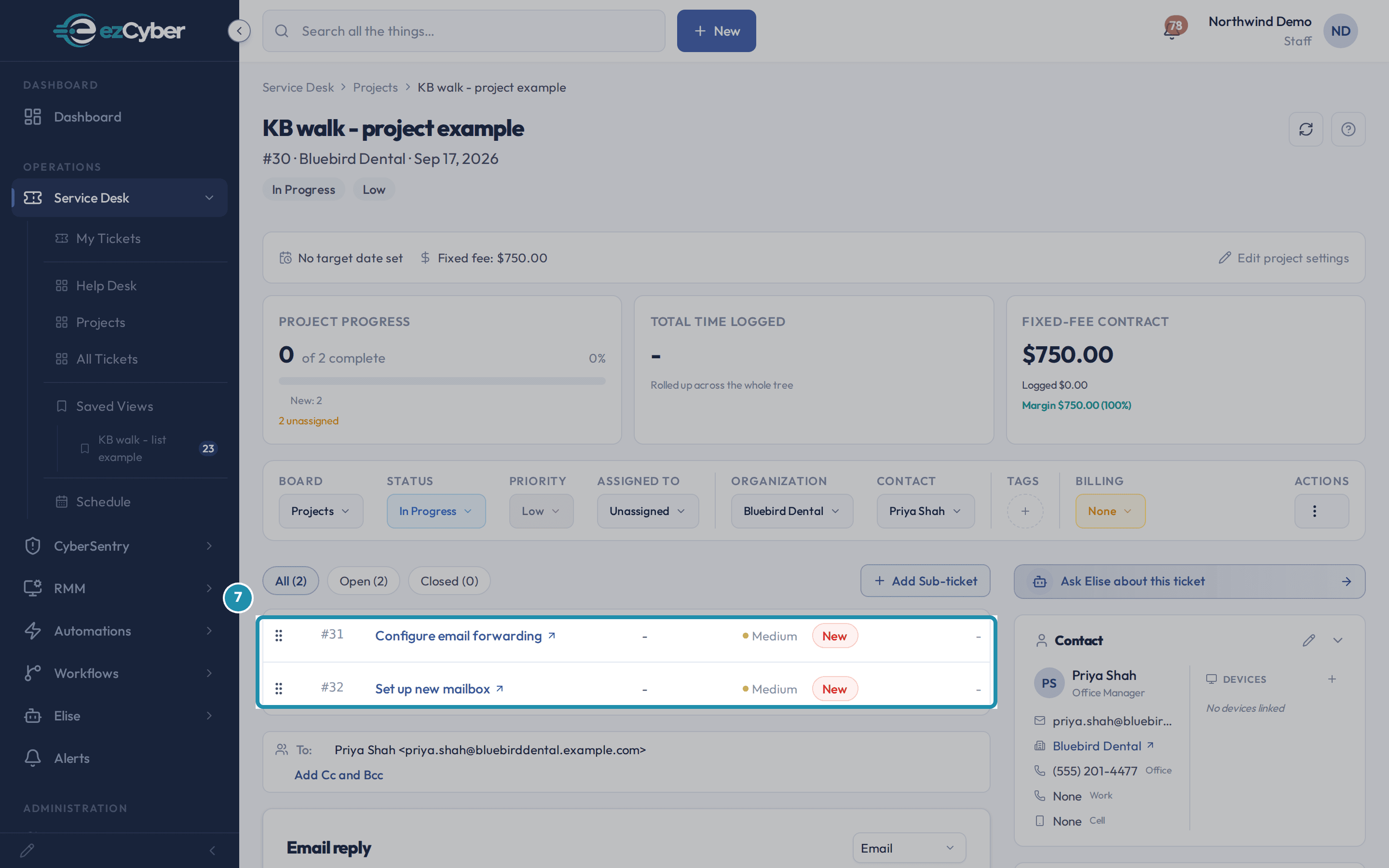 The new project's two sub-ticket rows listed on its own ticket page, boxed.