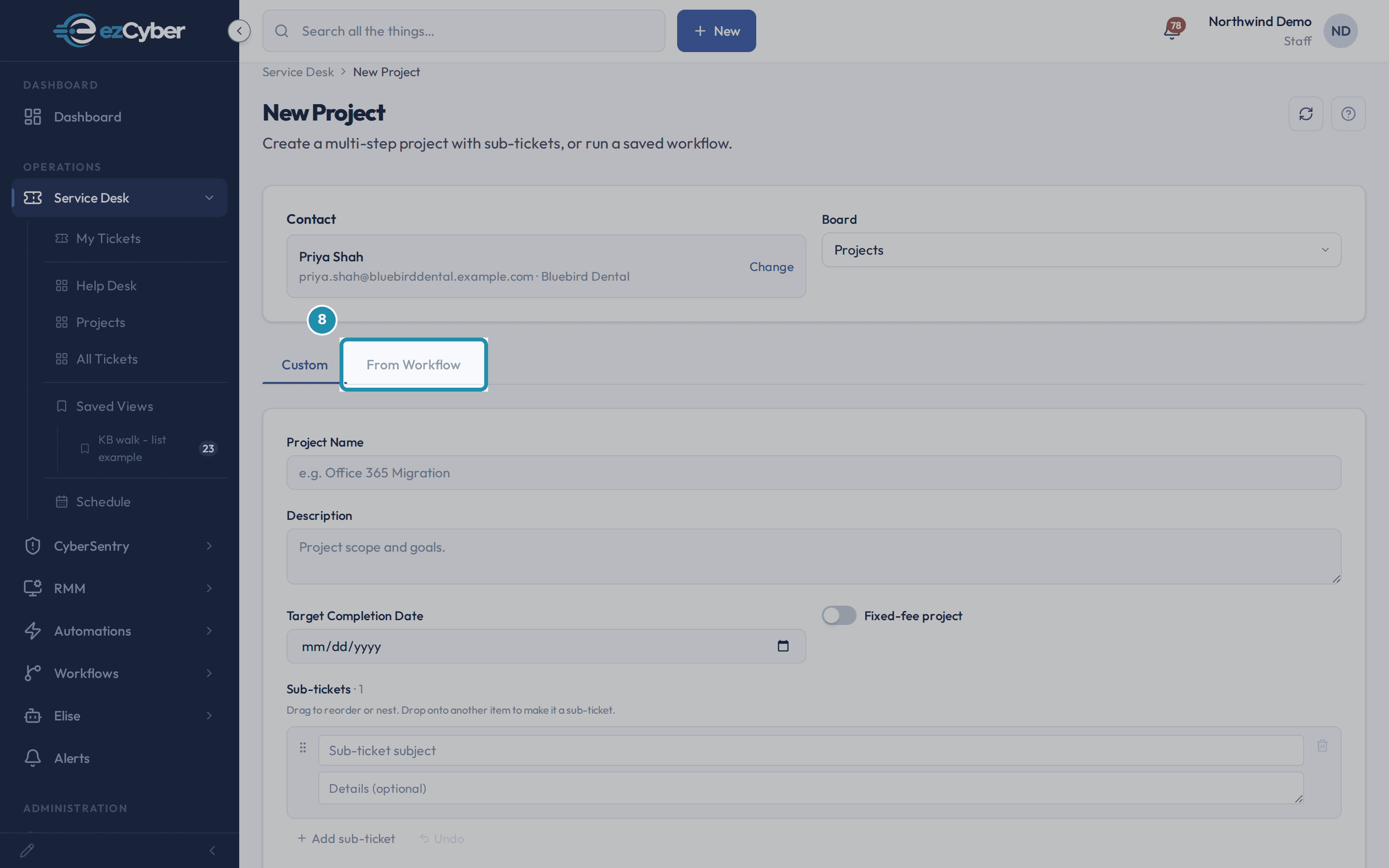 The From Workflow tab on New Project, boxed, next to the Custom tab.