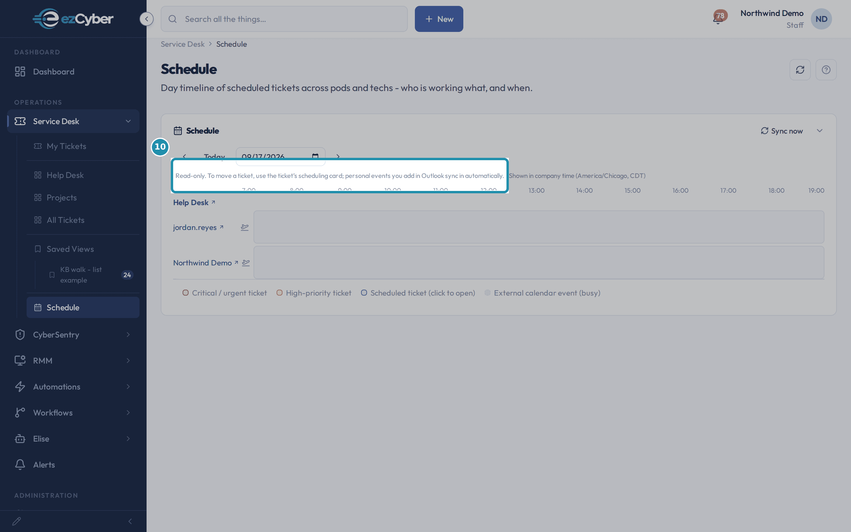 The Schedule page's read-only hint text, boxed, above the empty day timeline.