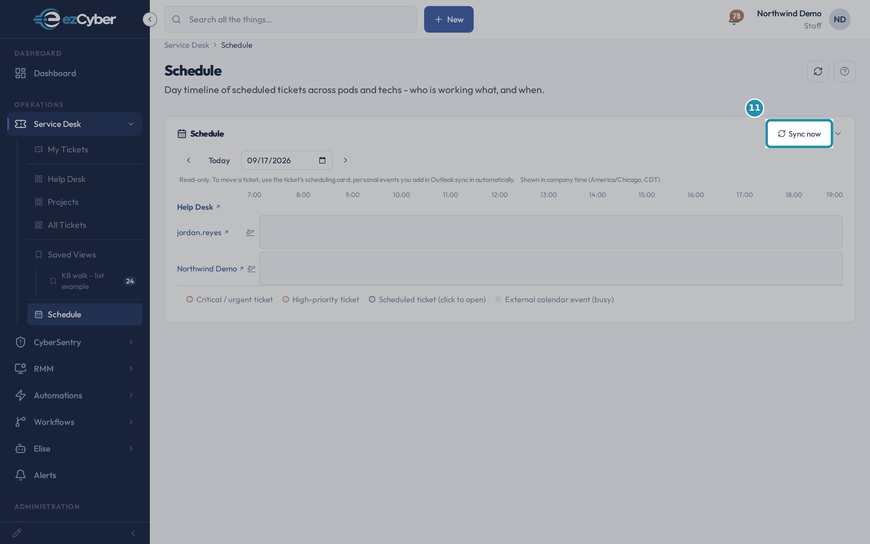 The Sync now button at the top right of the Schedule card, boxed.