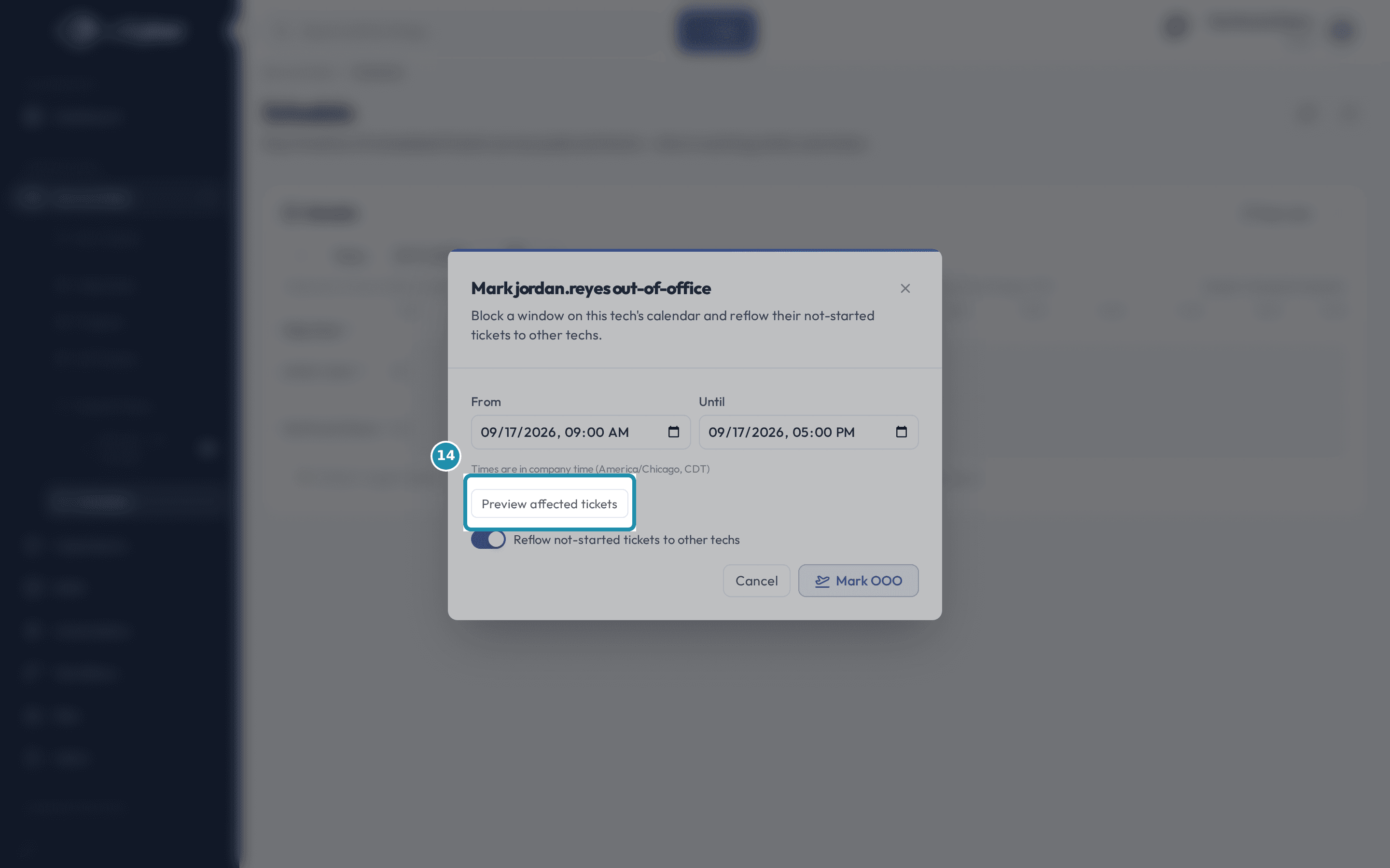The Preview affected tickets button inside the Mark out-of-office dialog, boxed.