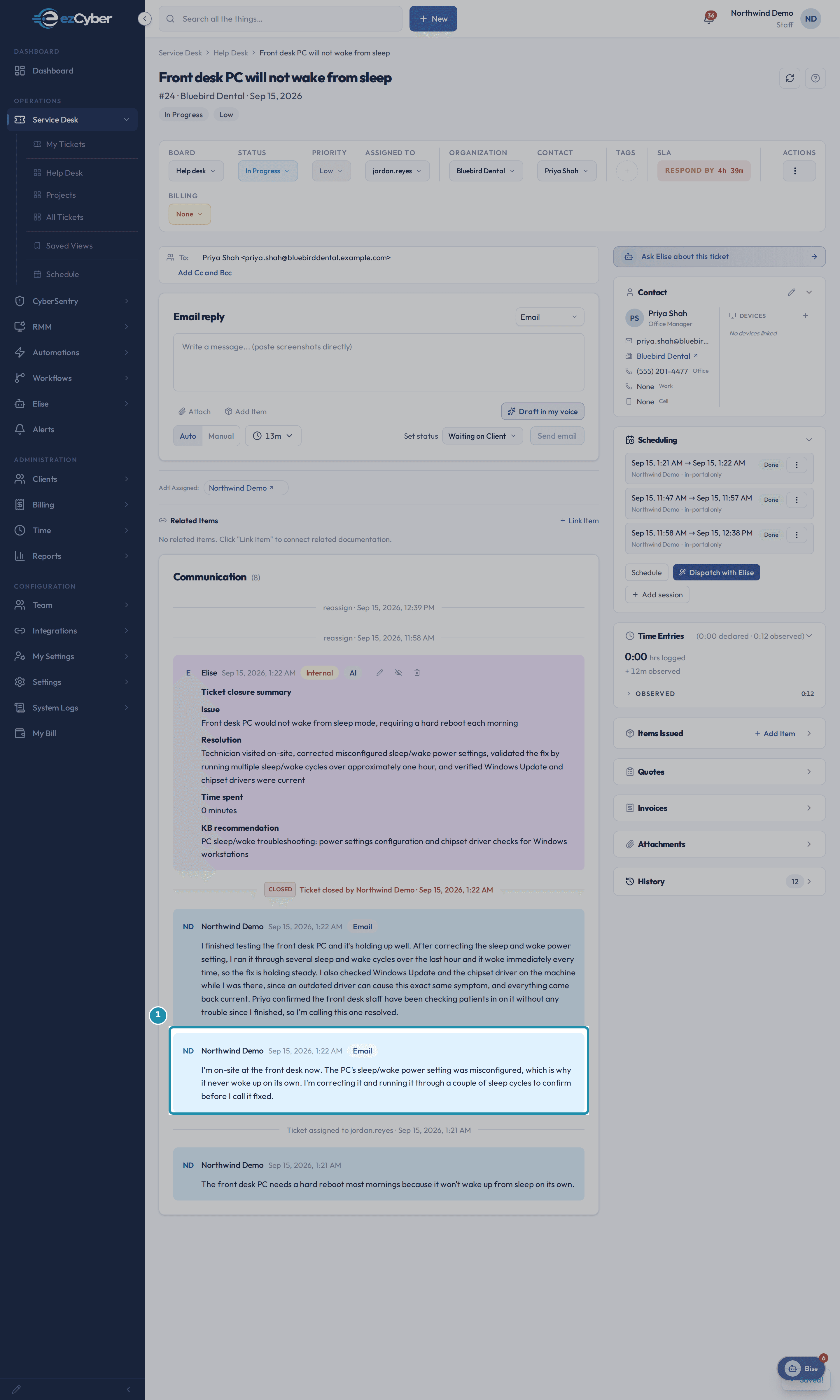 Ticket #24 showing the In Progress status pill above the existing email reply about the sleep and wake power setting.