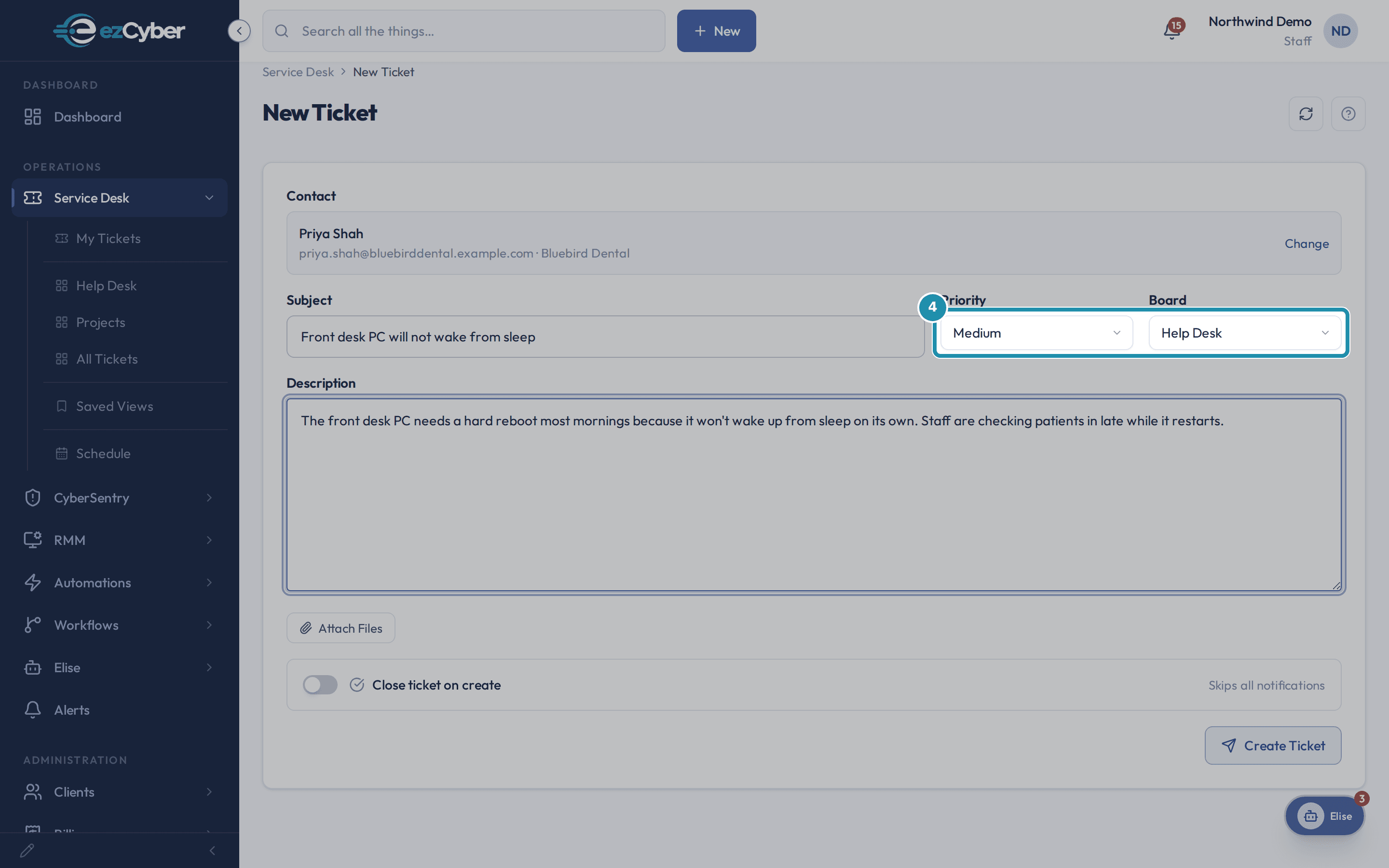 The Priority dropdown set to Medium next to the Board dropdown showing Help Desk.