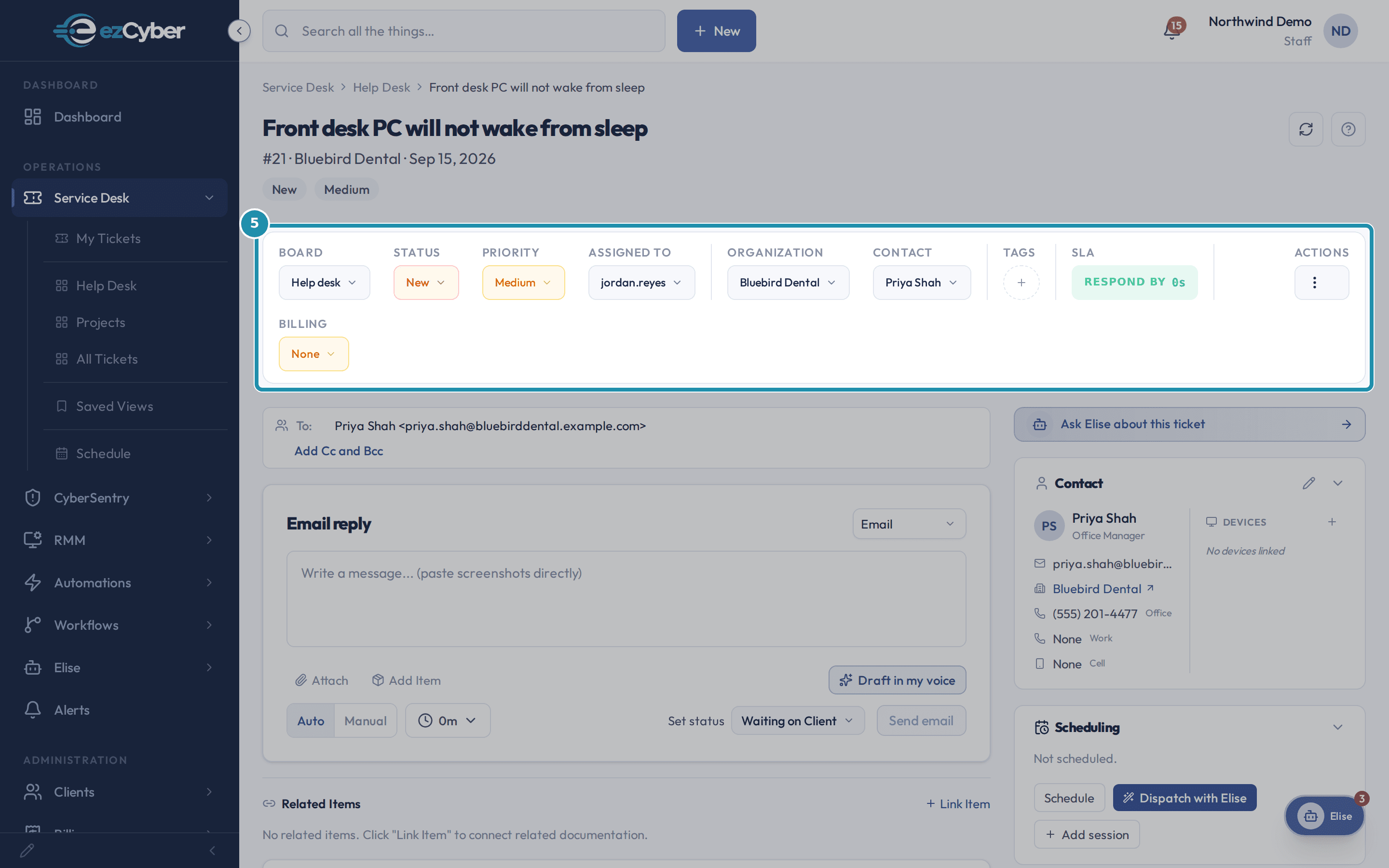 The new ticket page for #21, Front desk PC will not wake from sleep, showing Board, Status, Priority, Assigned To (jordan.reyes), Organization, Contact, and SLA.