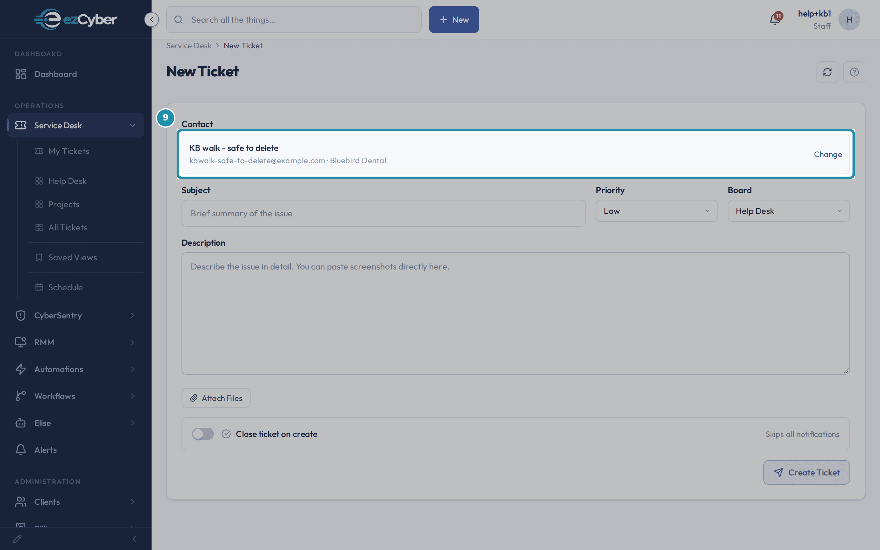 The Contact field now showing 'KB walk - safe to delete', its email address, and Bluebird Dental, with a Change link.