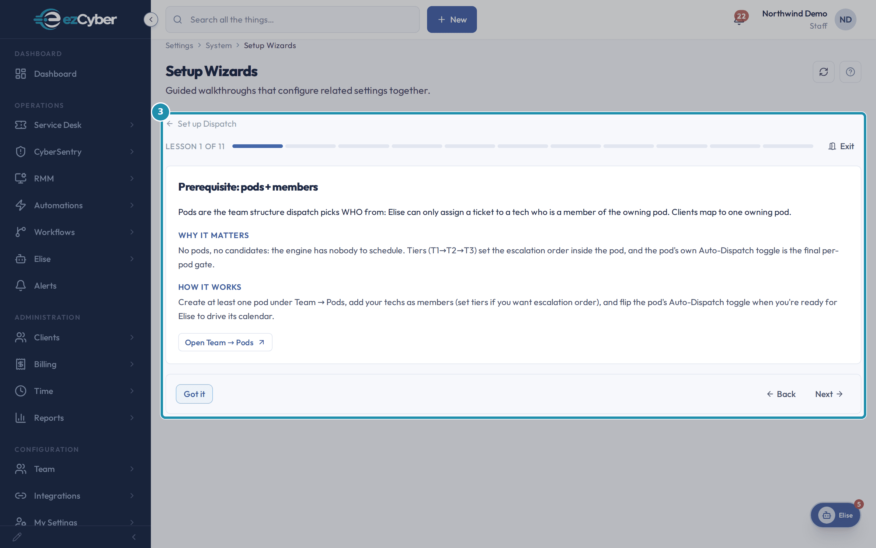 Lesson 1 of the Set up Dispatch wizard, "Prerequisite: pods + members," explaining that tiers set the escalation order and the pod's Auto-Dispatch toggle is the final gate.