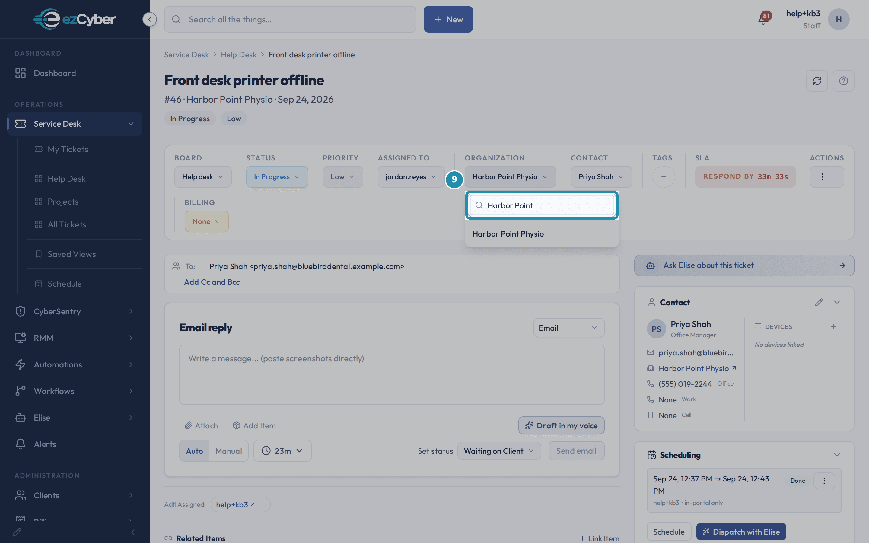 The ticket toolbar's Organization field open with a search box reading Harbor Point, listing Harbor Point Physio below it.