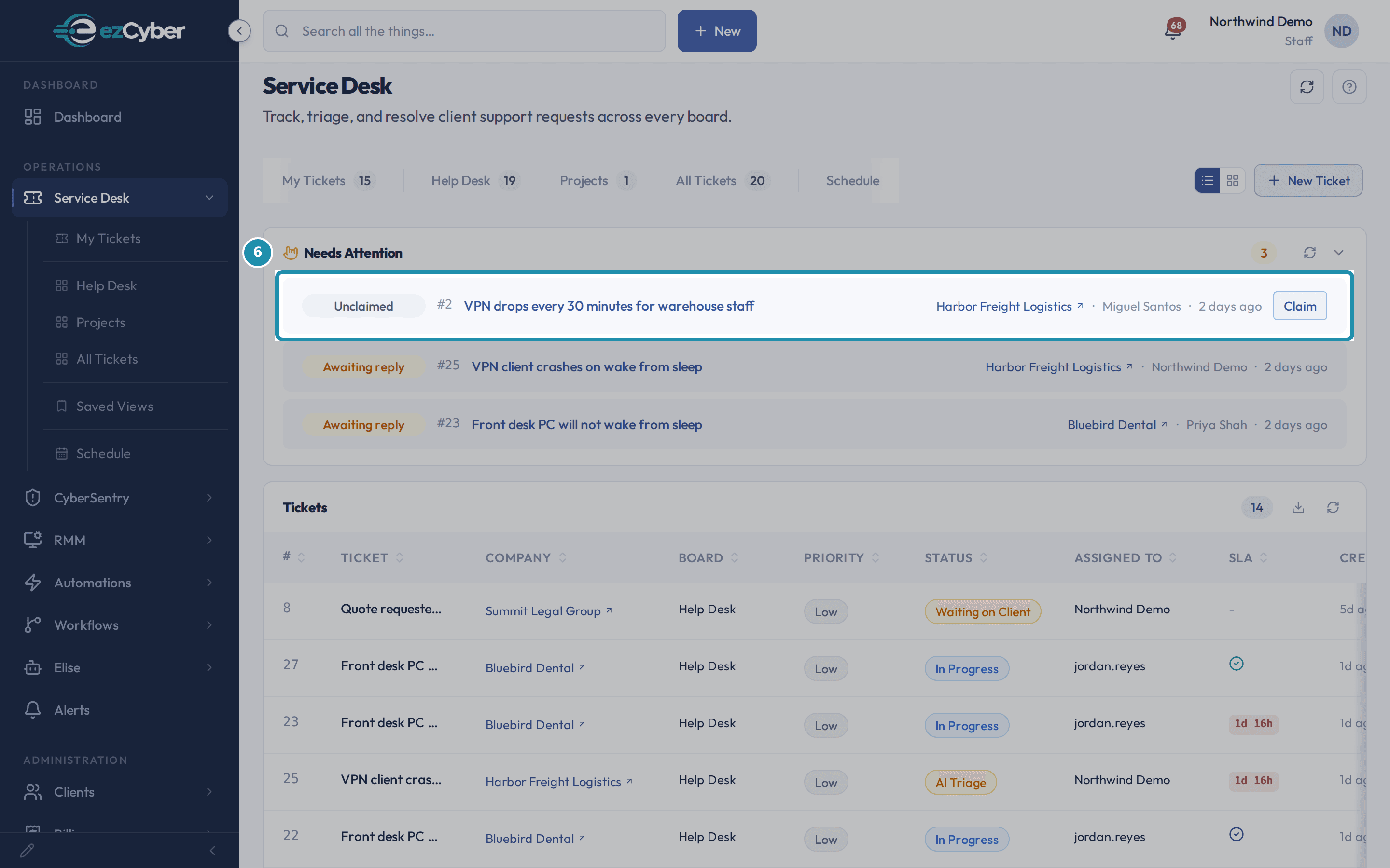 An Unclaimed row on Needs Attention, ticket #2, VPN drops every 30 minutes for warehouse staff, with its Claim button.