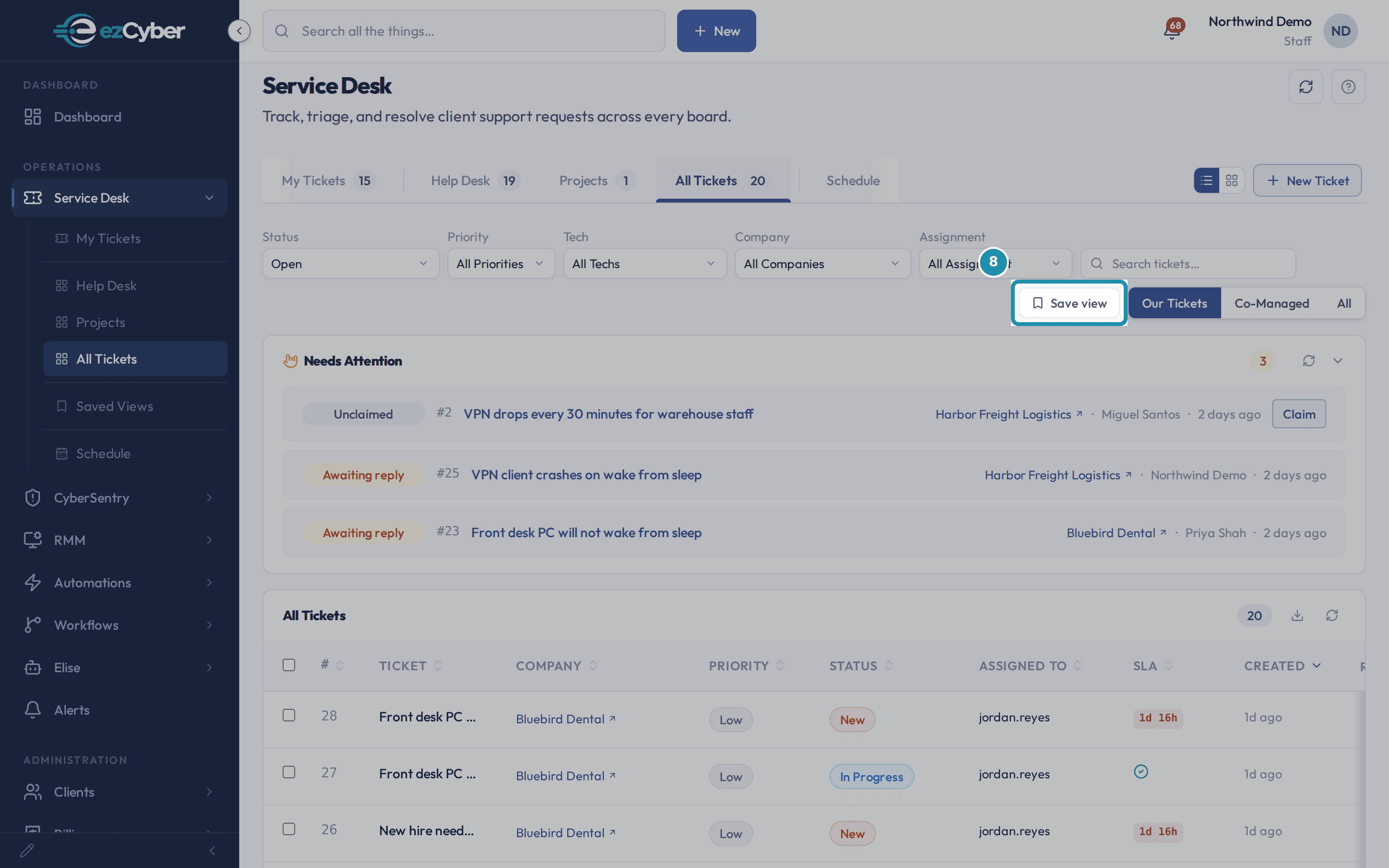 The Save view button in the filter bar, next to the Our Tickets, Co-Managed and All toggle.