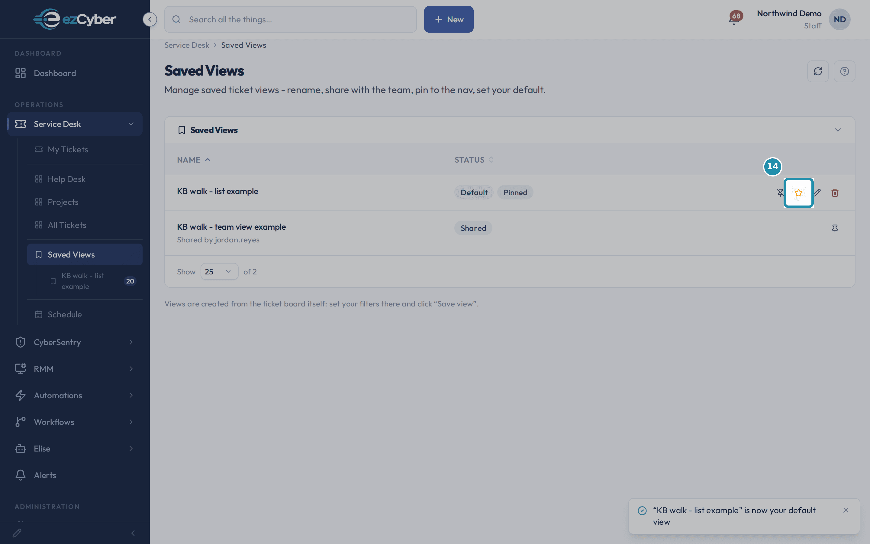 The star button in the KB walk - list example row now filled in amber, with a Default badge next to Pinned and a confirmation toast.