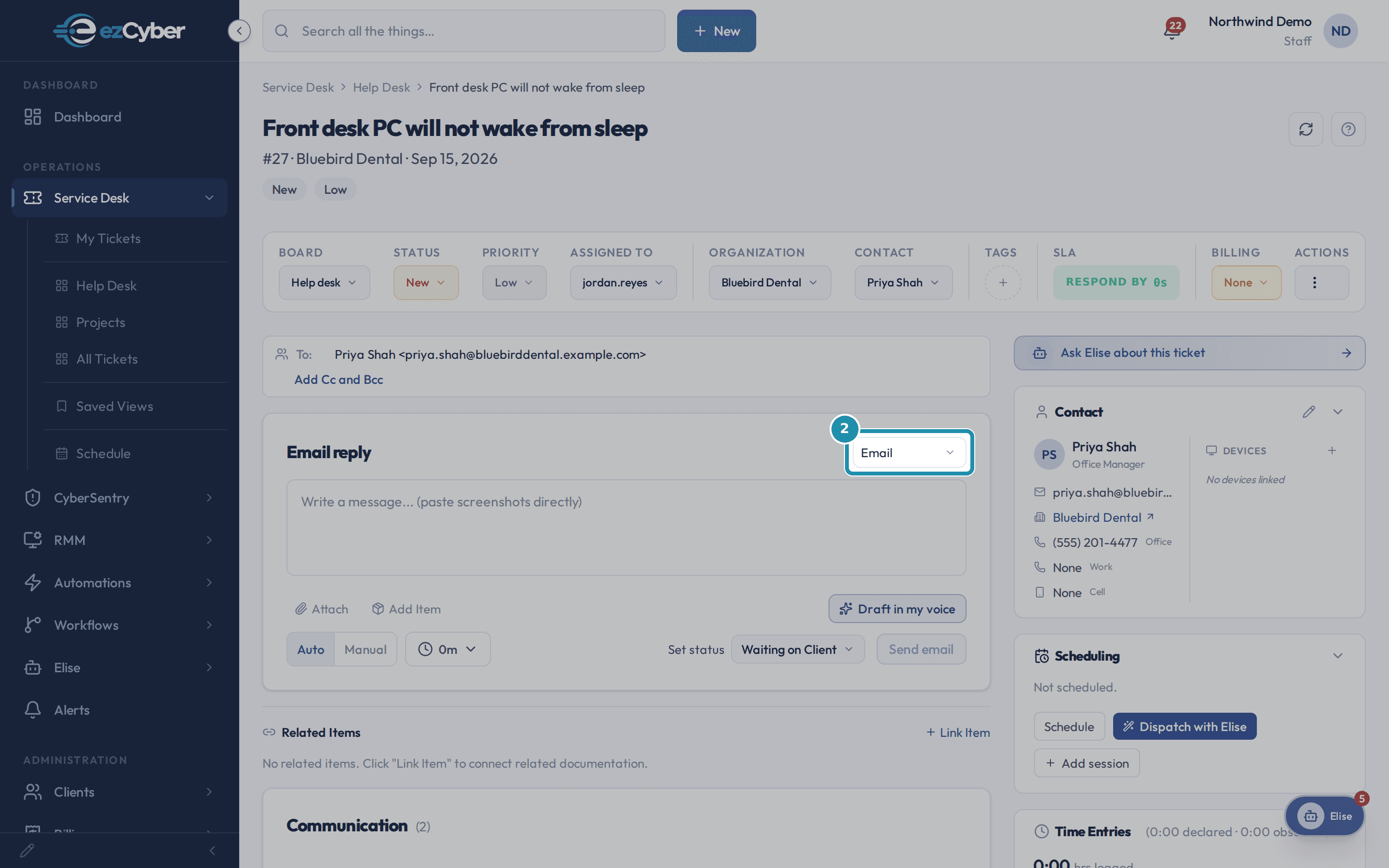 The reply composer's mode selector set to Email, above an empty message box addressed to Priya Shah.