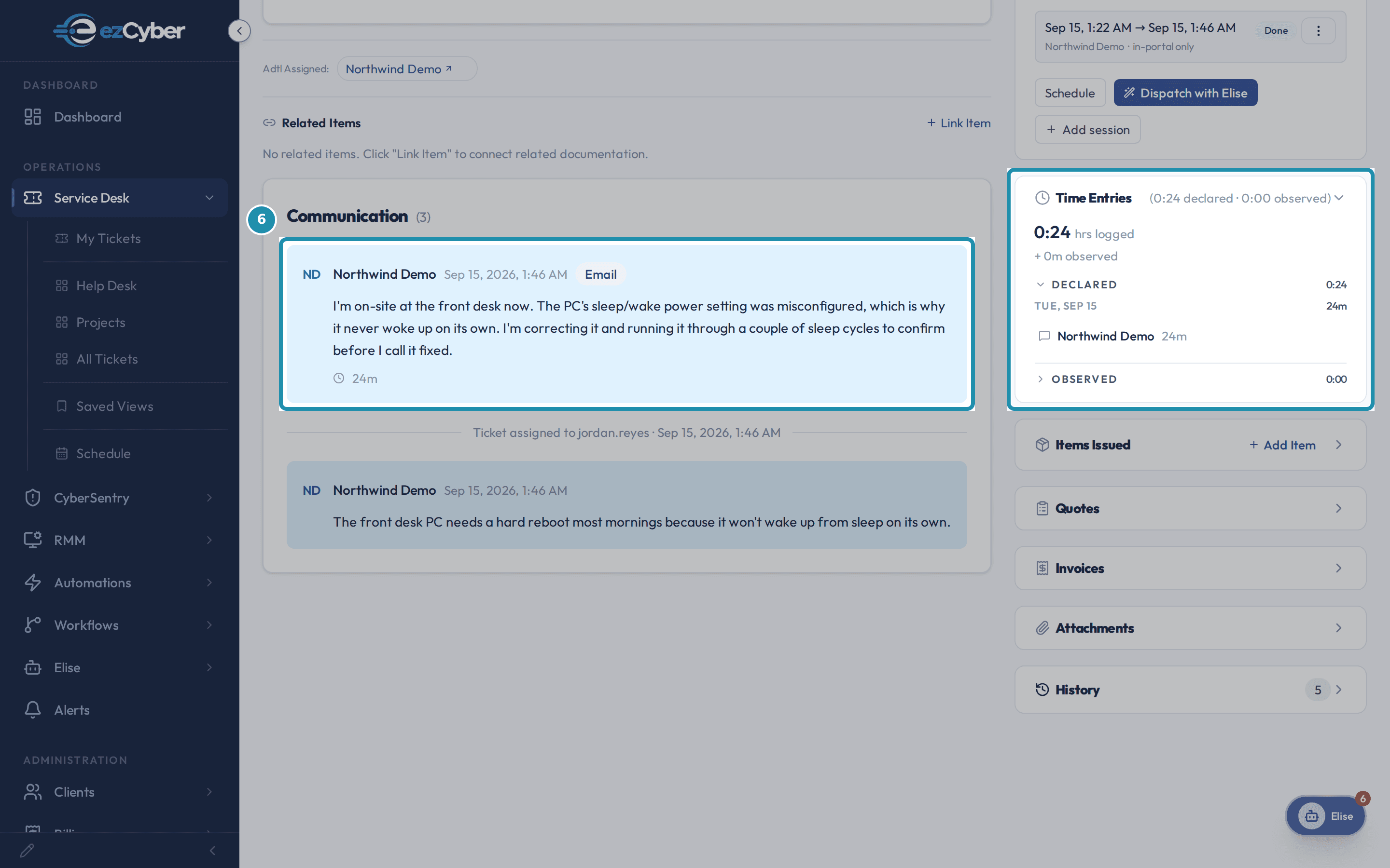 The new reply in the Communication thread with its time chip, beside the Time Entries card showing 24 minutes logged.