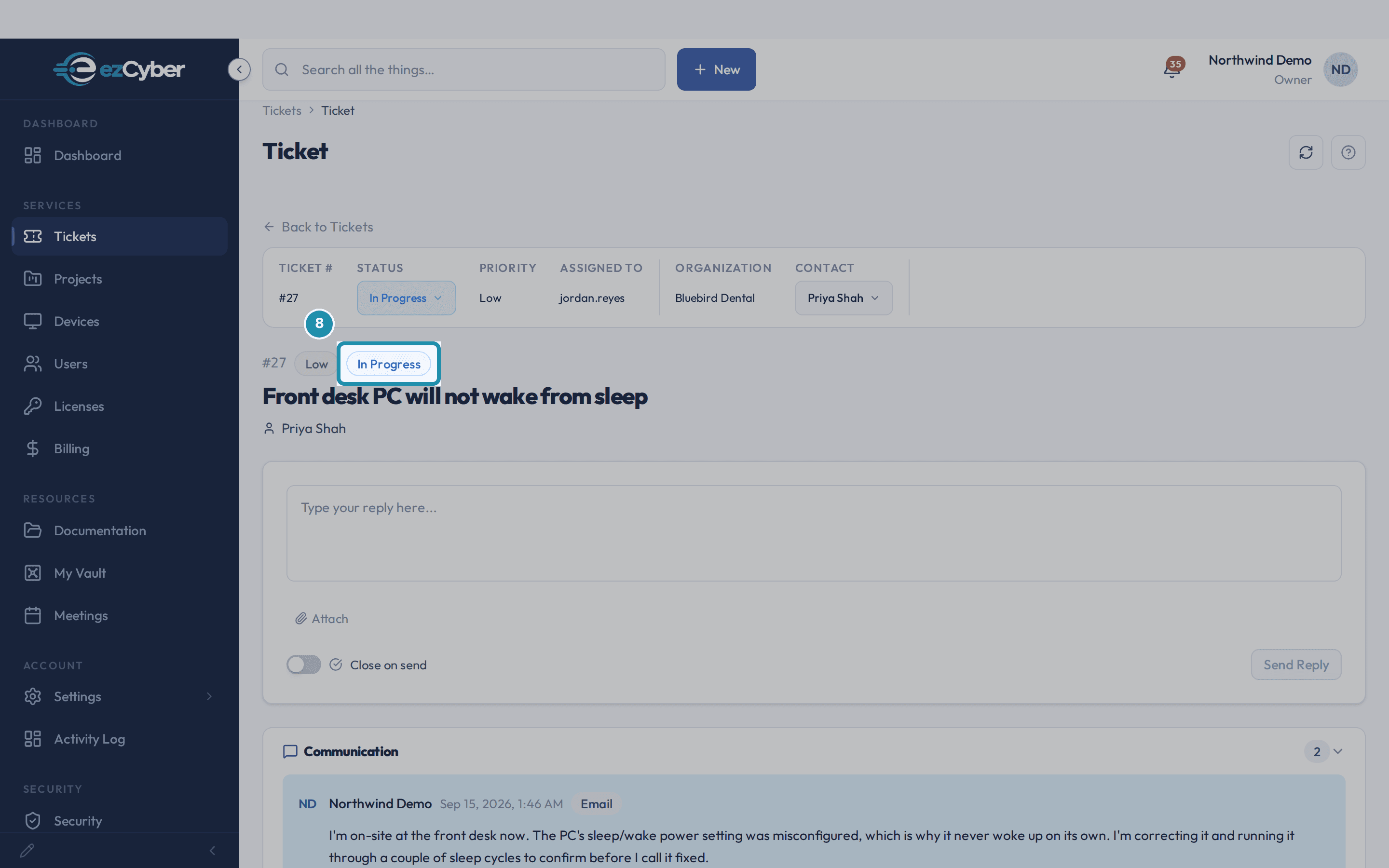 The client portal's ticket #27 showing status In Progress and the tech's reply in the Communication thread.