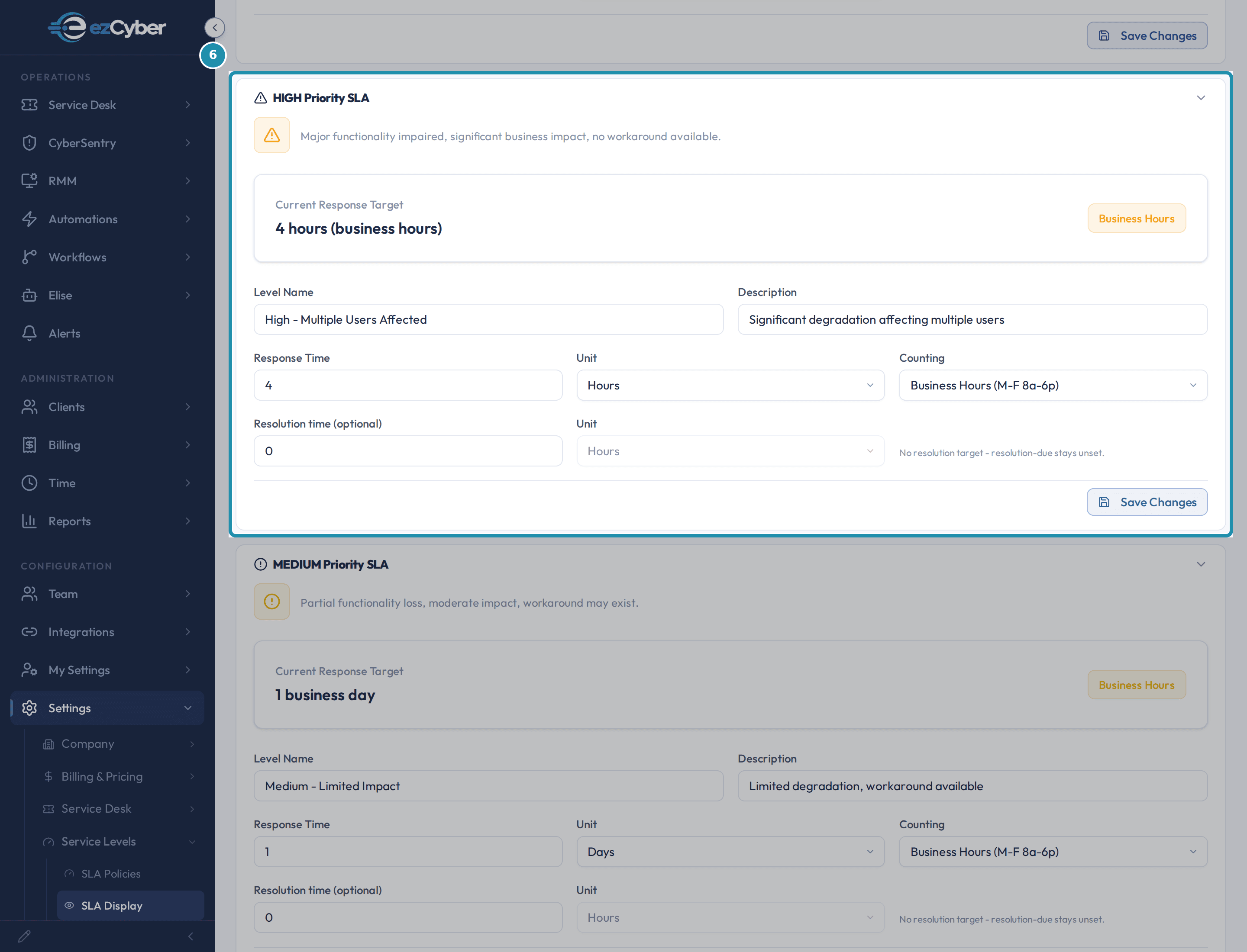 The HIGH Priority SLA card highlighted on the SLA Display page, showing Current Response Target 4 hours (business hours), a Business Hours badge, and the Response Time, Unit and Counting fields.