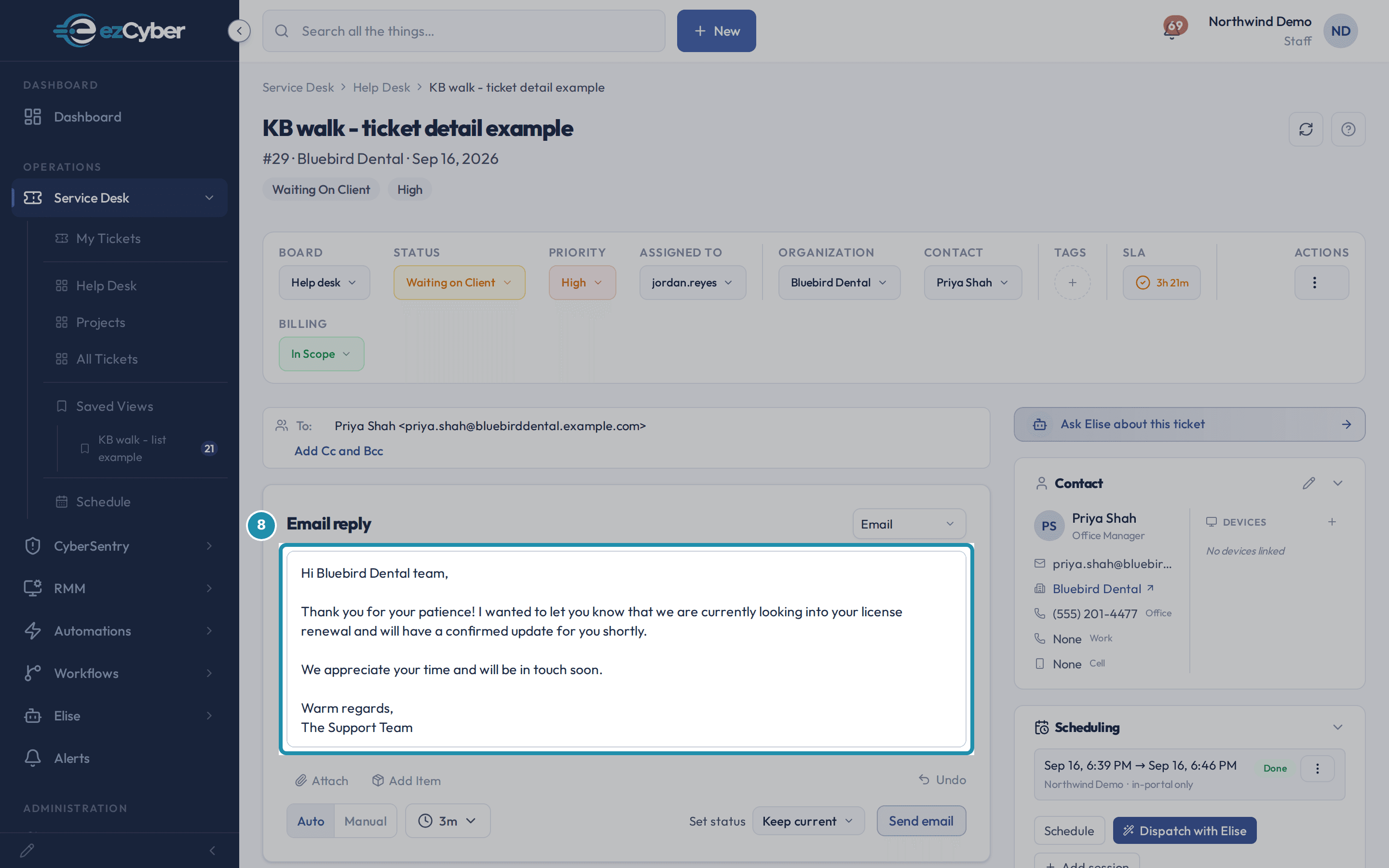 The reply composer showing a full, polite reply Elise wrote from a short rough note.