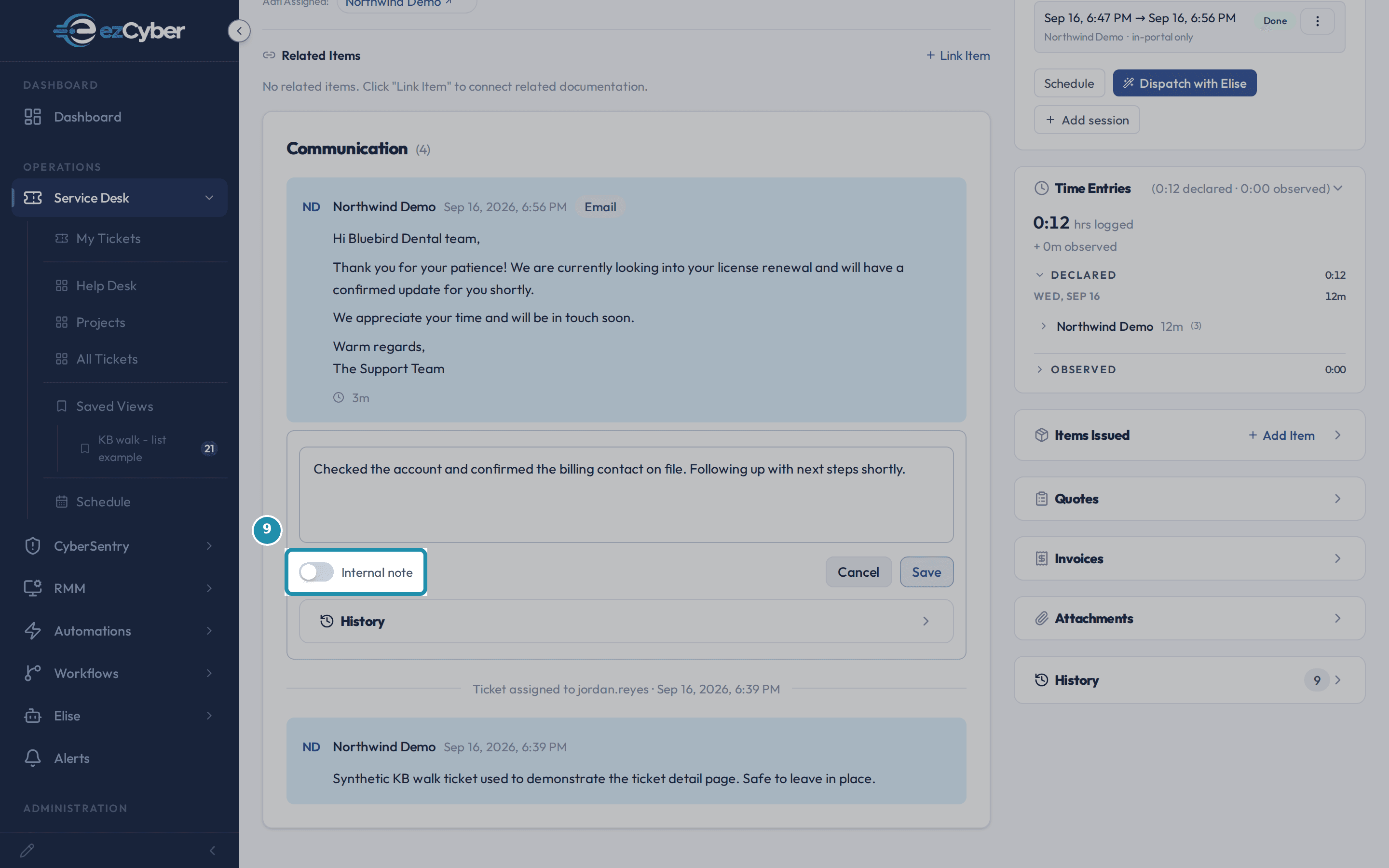 The reply edit form's Internal note toggle, boxed, next to Cancel and Save.