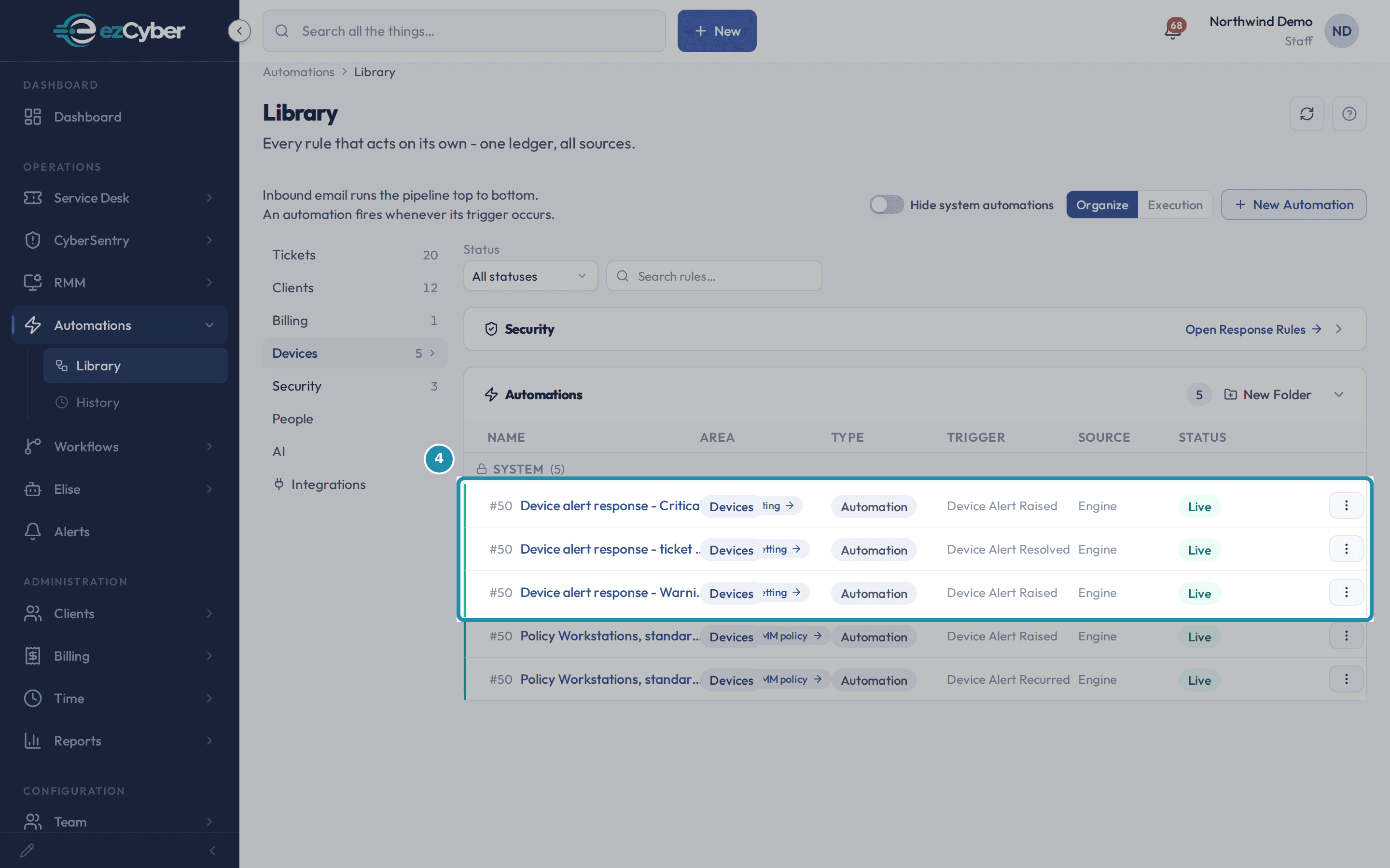 The Automations Library filtered to Devices, listing the locked system rules Device alert response - Critical, Device alert response - ticket close, and Device alert response - Warning, each Live.