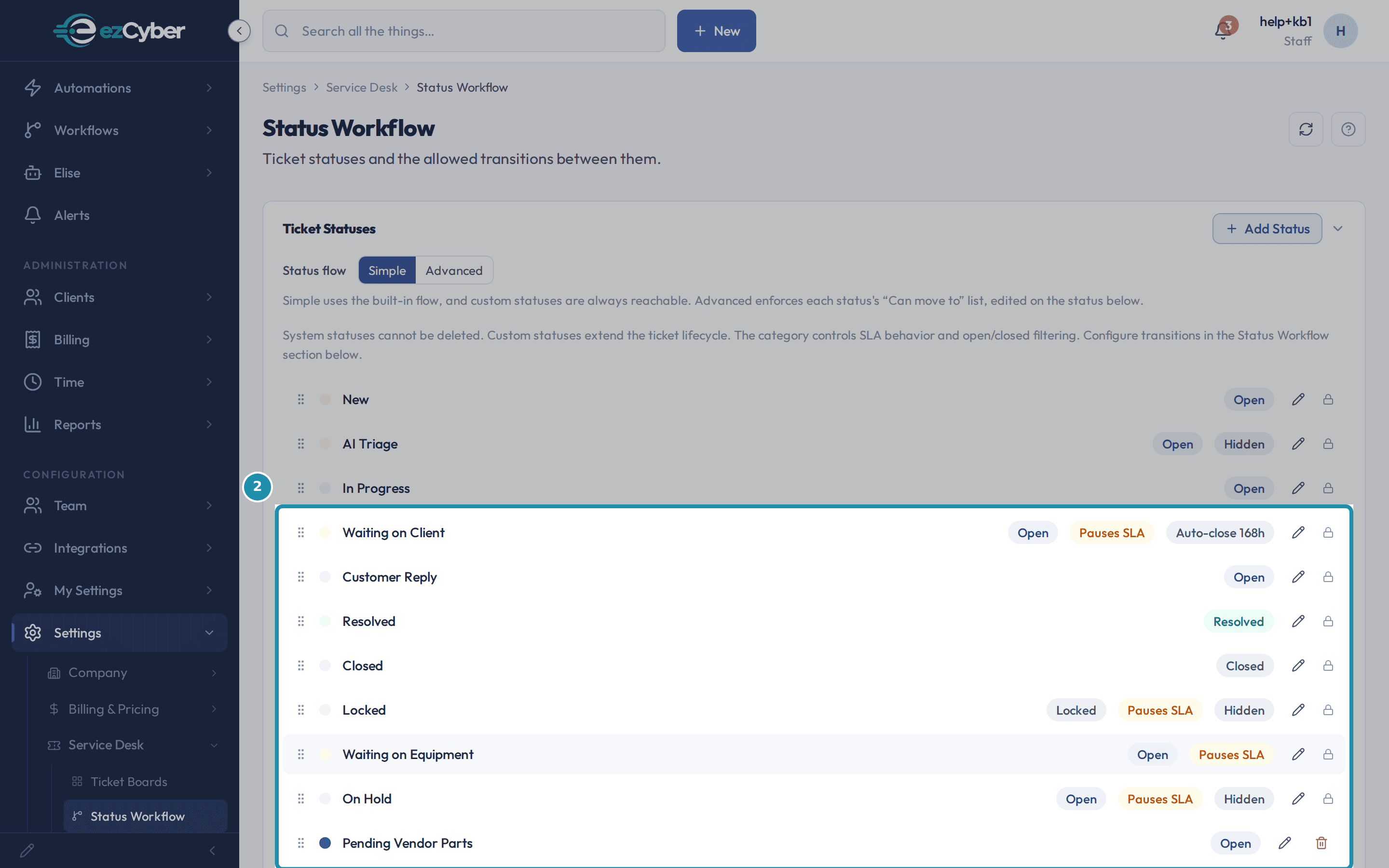 The Waiting on Client system status (Open category, Pauses SLA badge, lock icon) boxed together with a newly added custom status, Pending Vendor Parts, showing a trash icon instead of a lock.