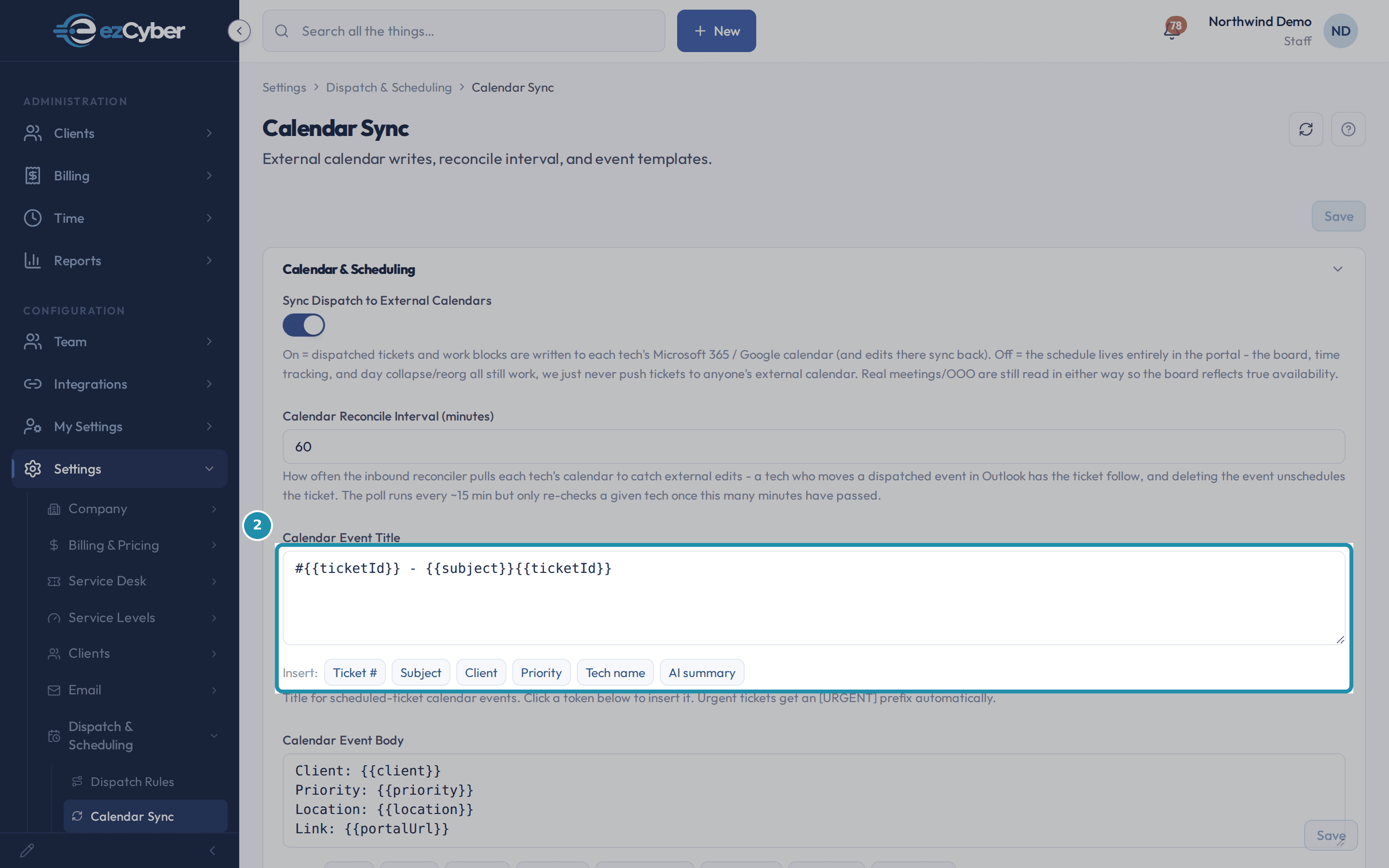 Calendar Event Title on the Calendar Sync page, boxed, showing {{ticketId}} appended to the default template text after clicking the Ticket # chip.