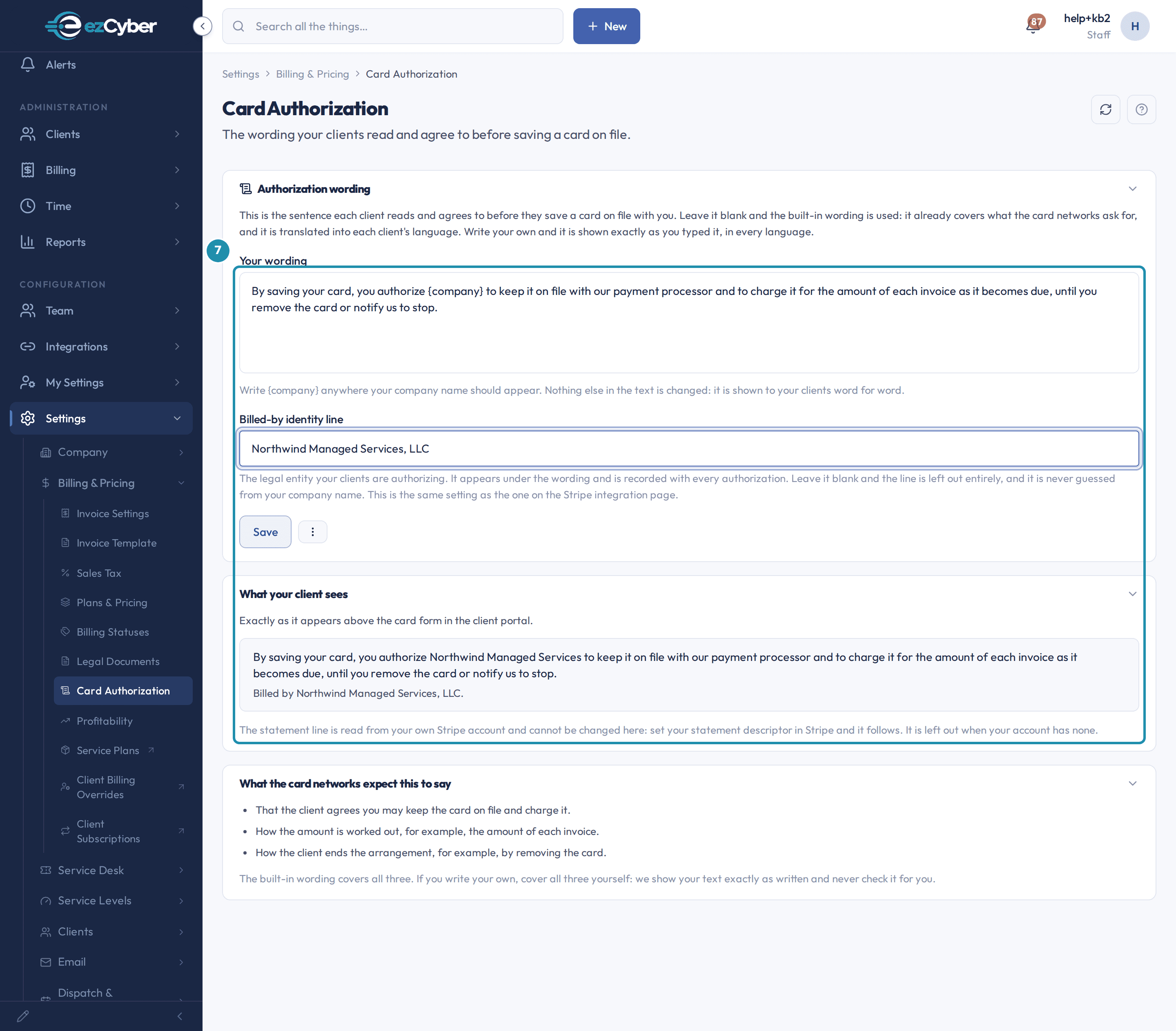 The Authorization wording box holding a typed sentence and the What your client sees preview updated to match it, with a Billed by line added underneath.