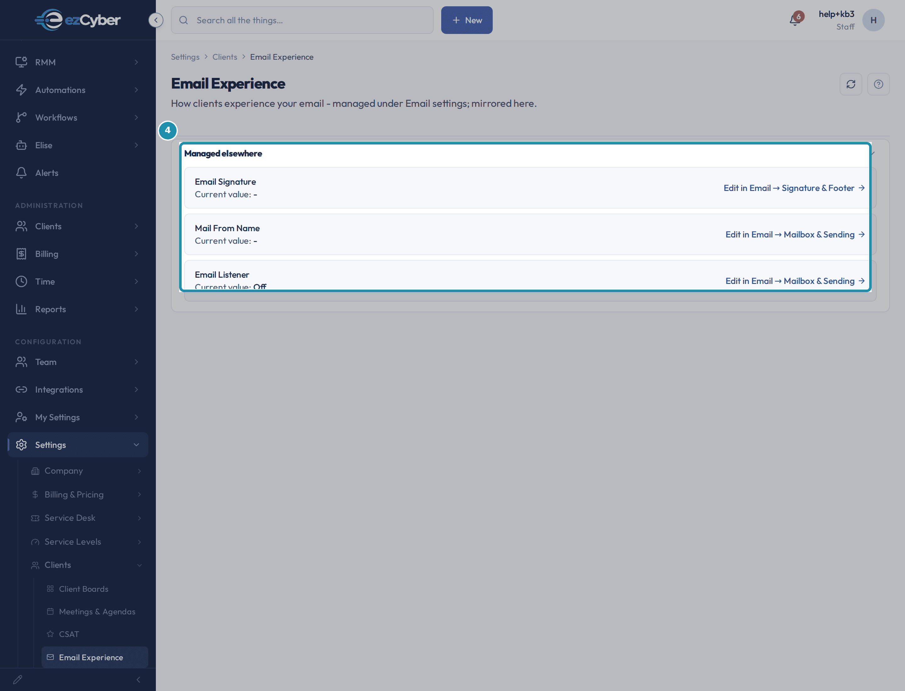 The Email Experience page with a numbered teal badge on the Managed elsewhere card and its three read-only rows.