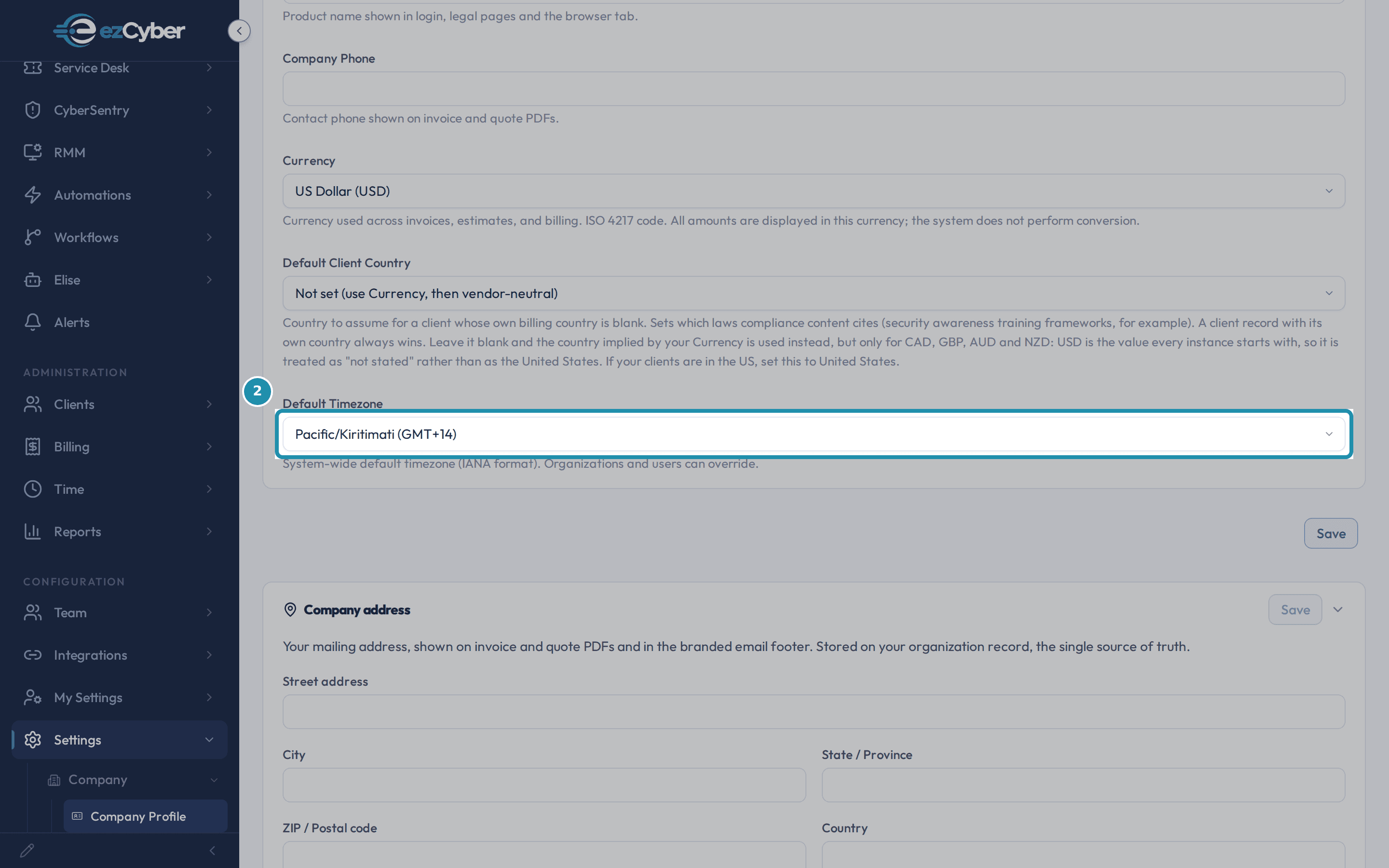 The Default Timezone field on Company Profile changed to Pacific/Kiritimati (GMT+14), boxed, with the page's own Save button now active.