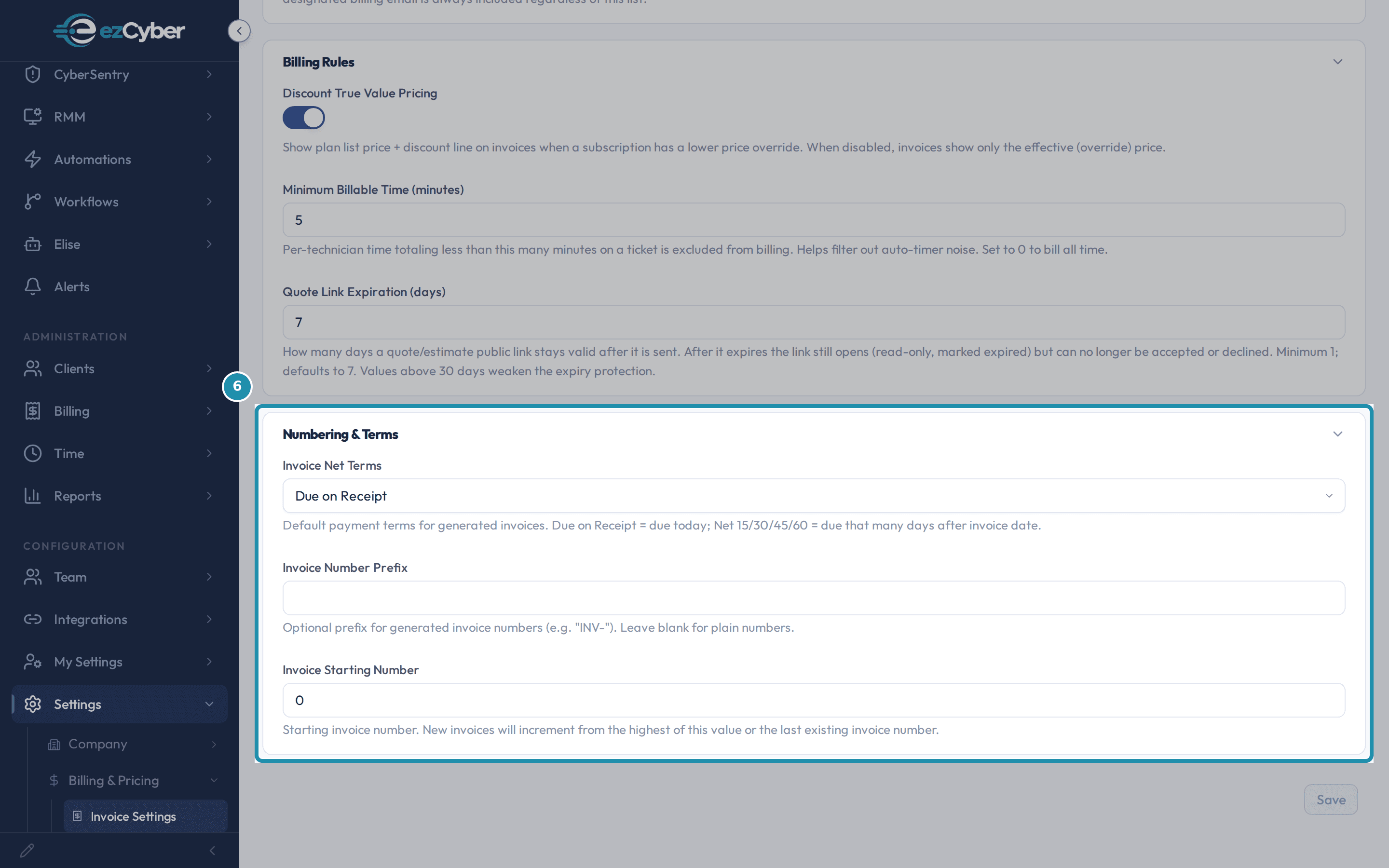 The Invoice Settings page's Numbering & Terms card, boxed, showing Invoice Net Terms set to Due on Receipt, an empty Invoice Number Prefix, and Invoice Starting Number set to 0.