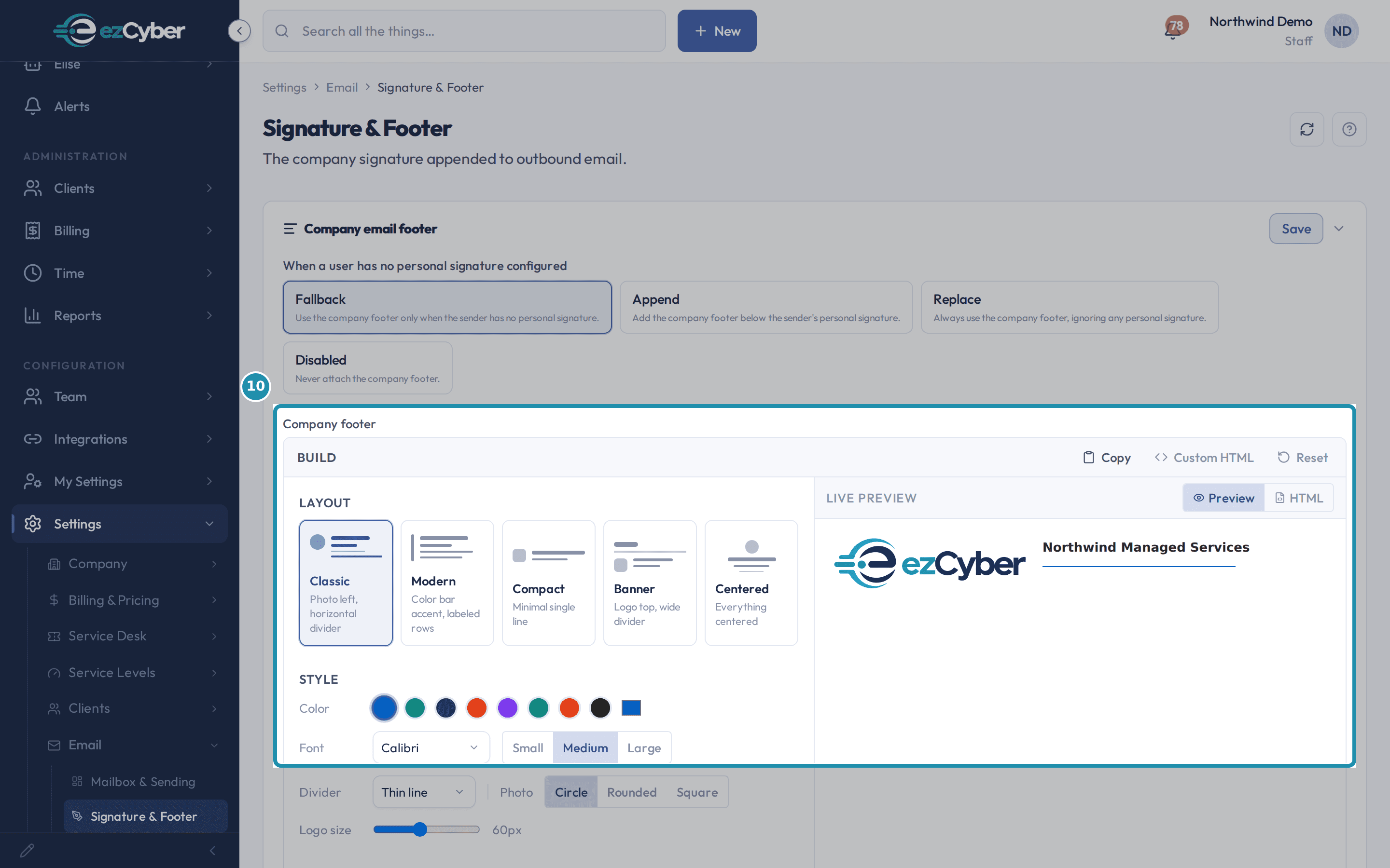The Company footer builder's Layout, Style, and Fields panels beside its Live Preview pane, boxed together.