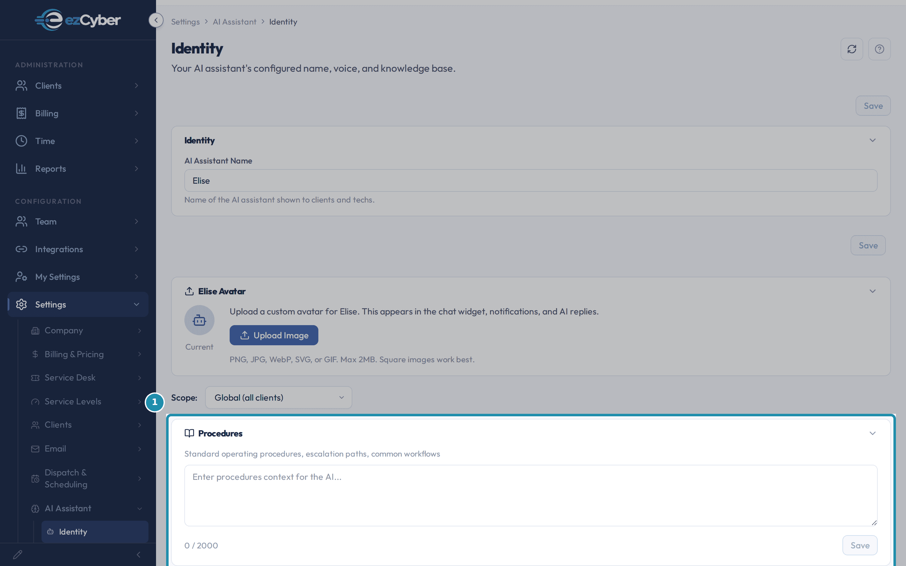 The Identity page's Procedures card under Business Context: Scope set to Global (all clients), an empty text box, and its own 0 / 2000 counter and Save button.